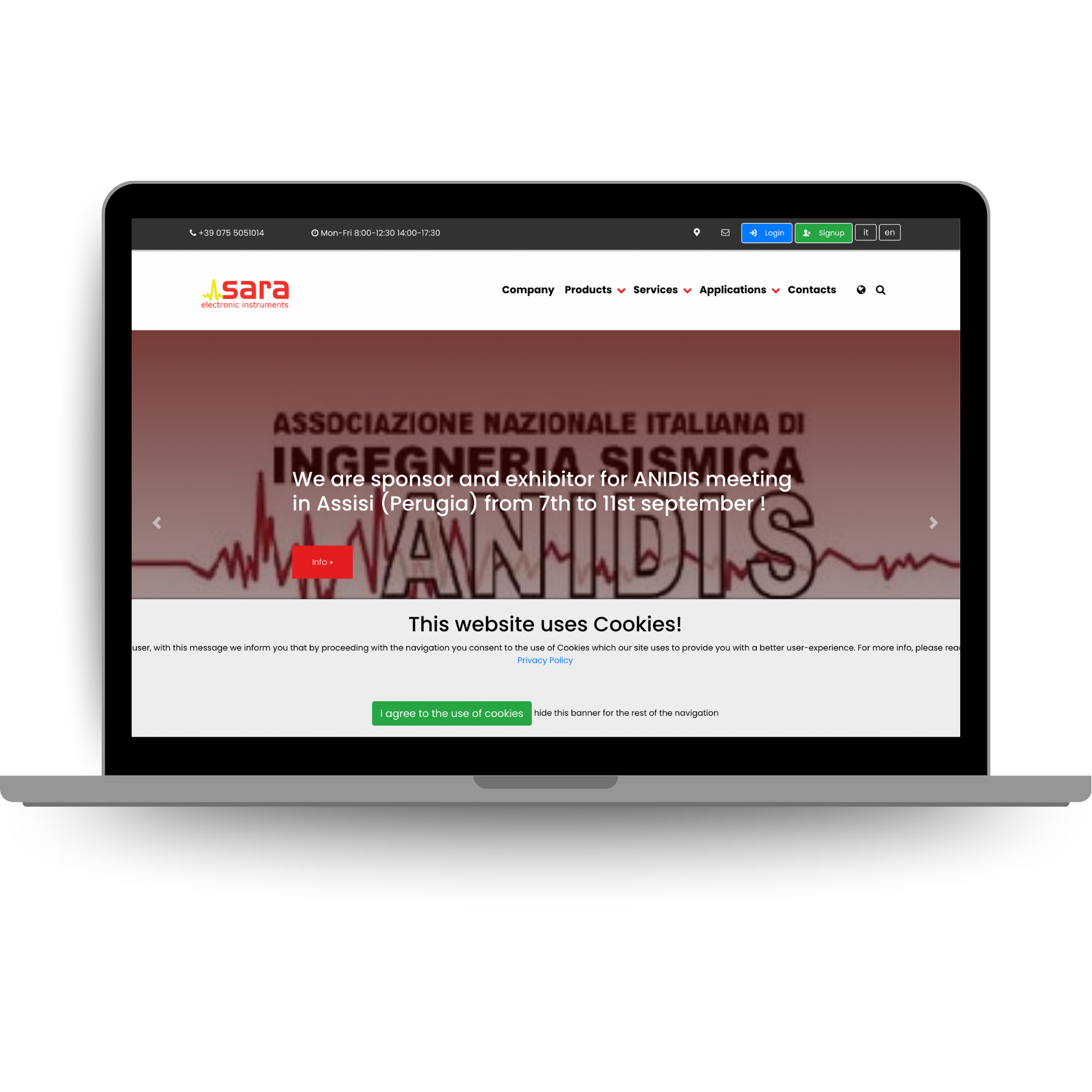 Laptop displaying the Sara Electronic Instruments website featuring advanced electronic systems for seismic monitoring and engineering applications.