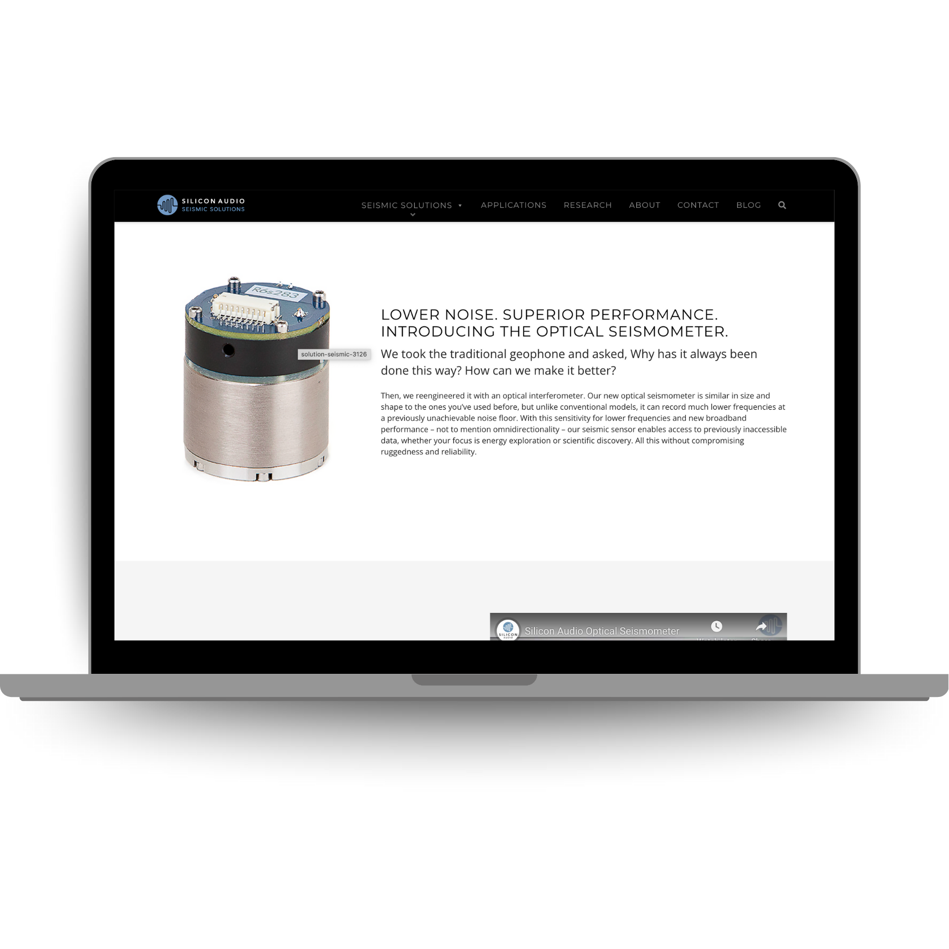 Laptop displaying the Turner Scientific website promoting optical seismometers designed for low-noise, high-precision seismic measurement.