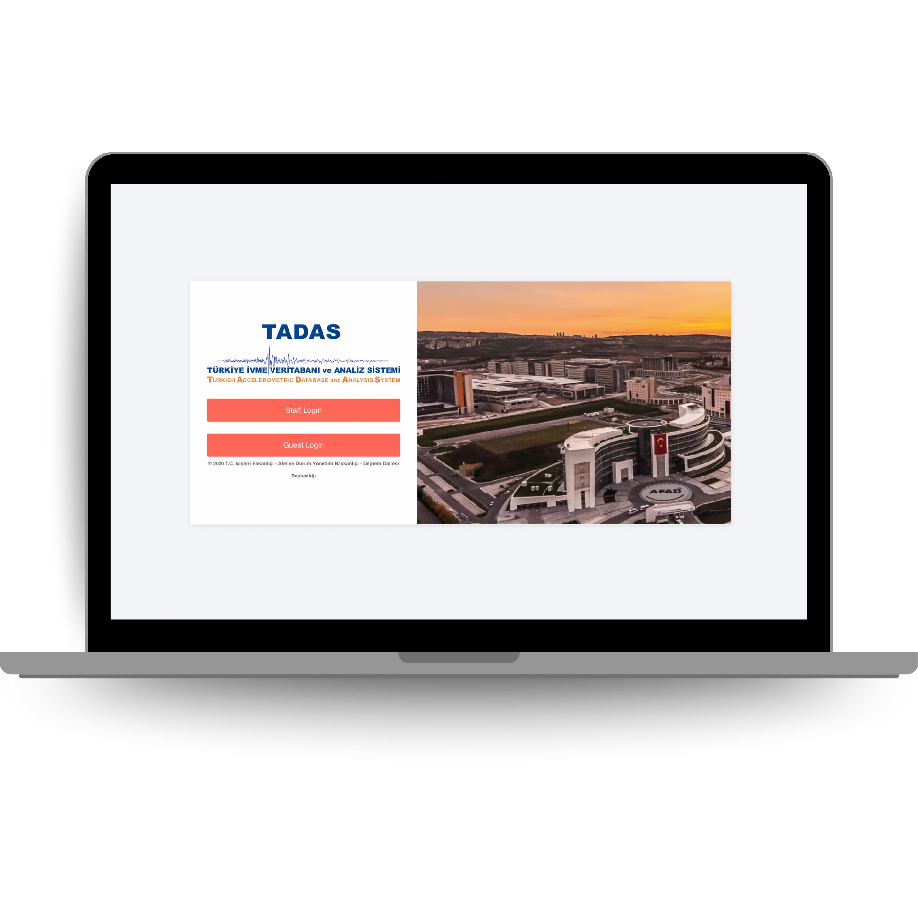 Laptop displaying the TADAS system login page, representing Turkey’s Accelerometric Database and Analysis System for seismic data management and research.