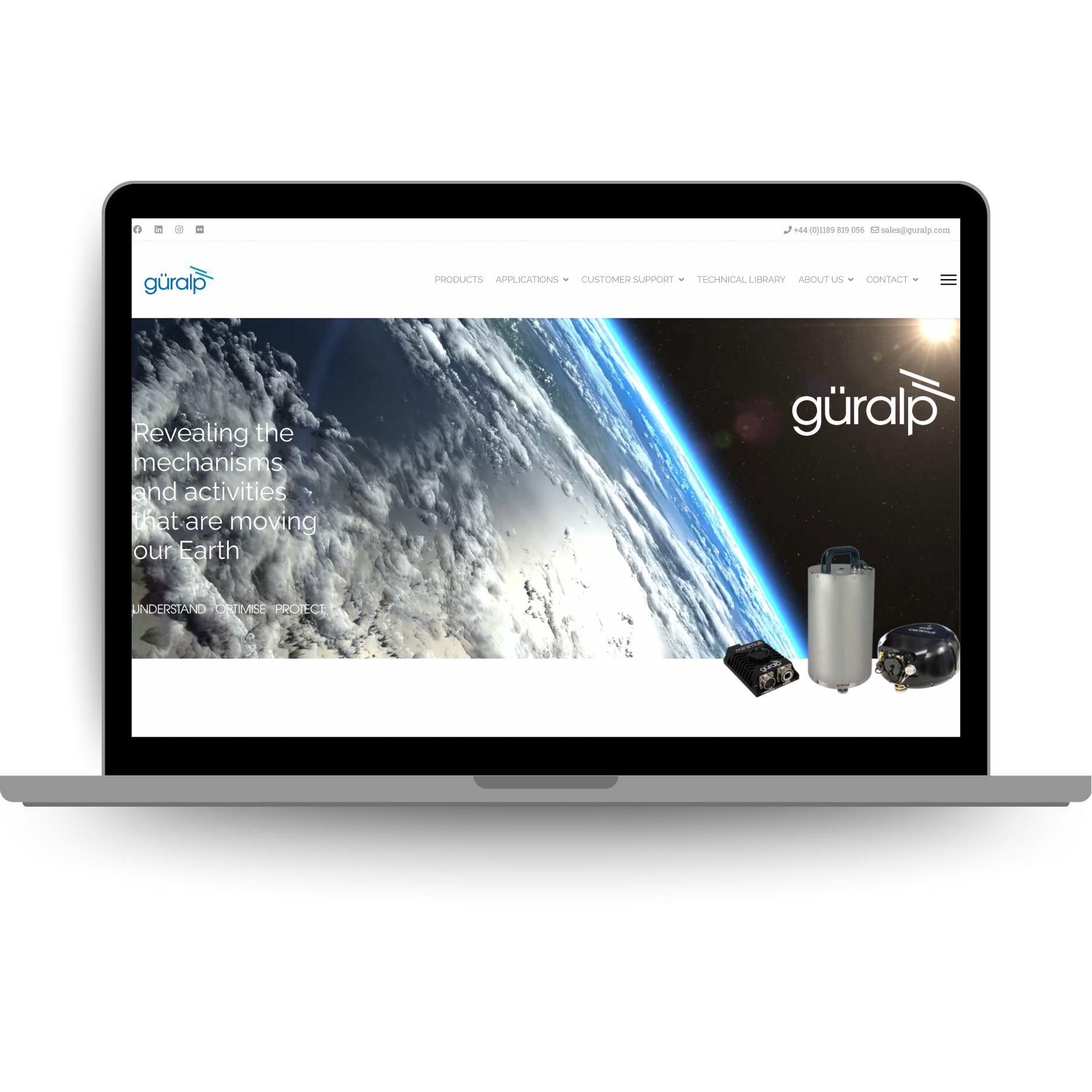 Laptop displaying the Guralp website featuring precision seismic instrumentation and technology for studying Earth’s movements.