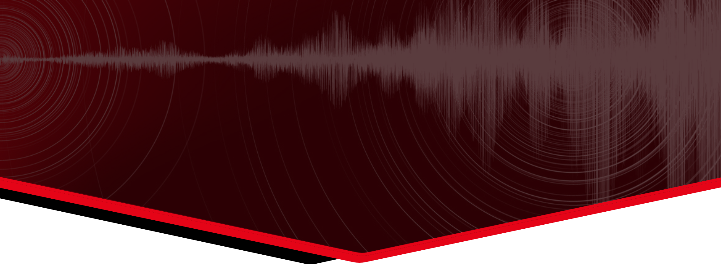Seismograph waveform background in deep red and black tones with concentric circles, symbolizing seismic activity and earthquake resilience.