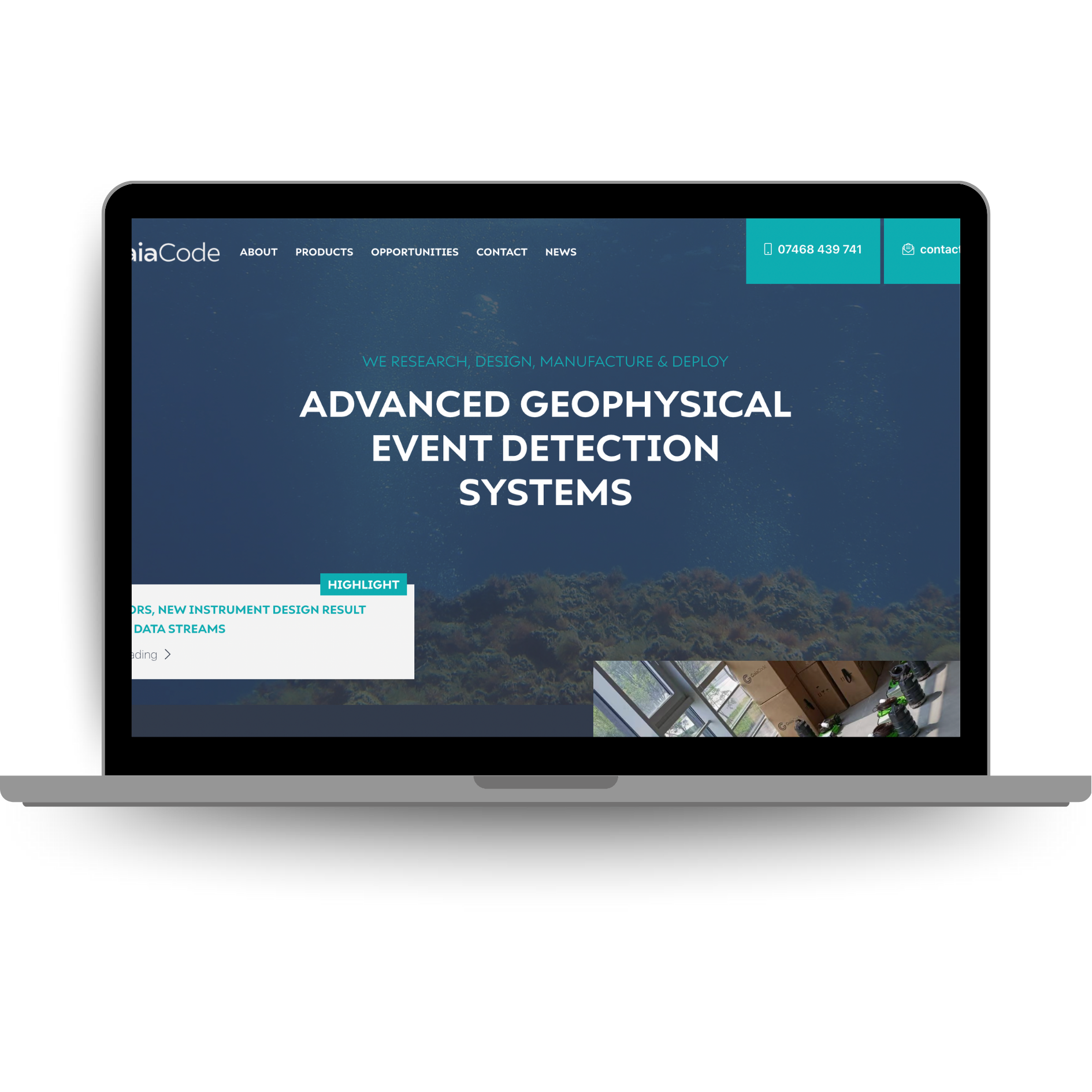 Laptop displaying the Gaiacode website homepage with text reading ‘Advanced Geophysical Event Detection Systems,’ representing research and design in geophysical instrumentation.