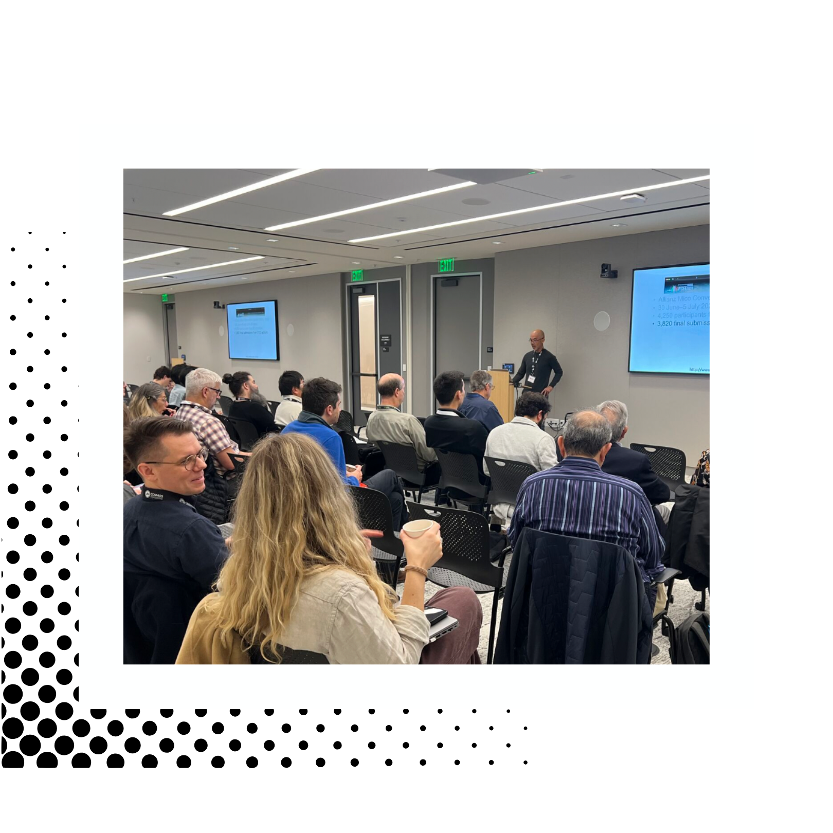 Attendees listening to a presentation on earthquake research and data at a professional conference, framed by a black halftone dot pattern design element.