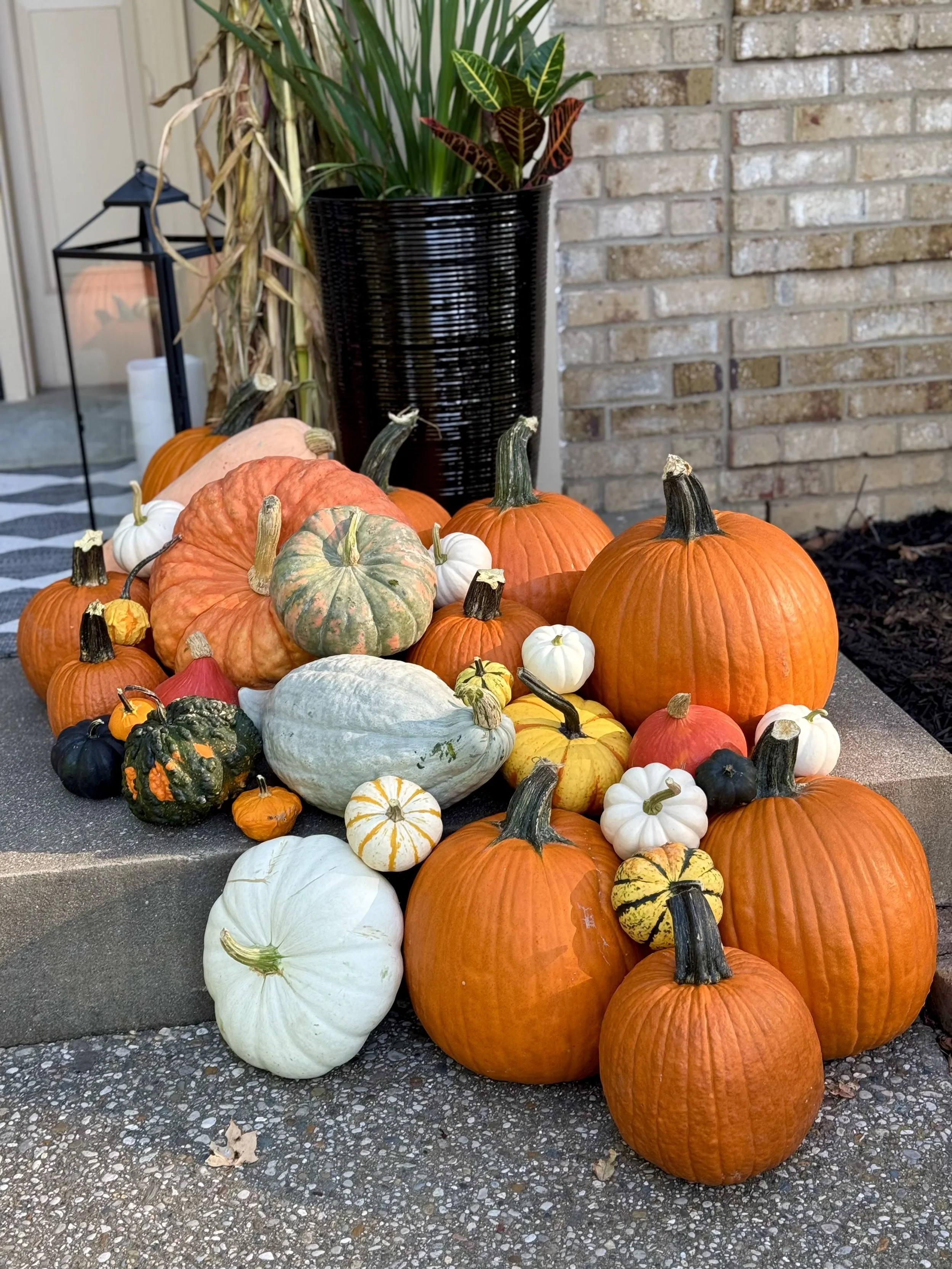 Fall porch decorating with pumpkins and mums in Louisville KY