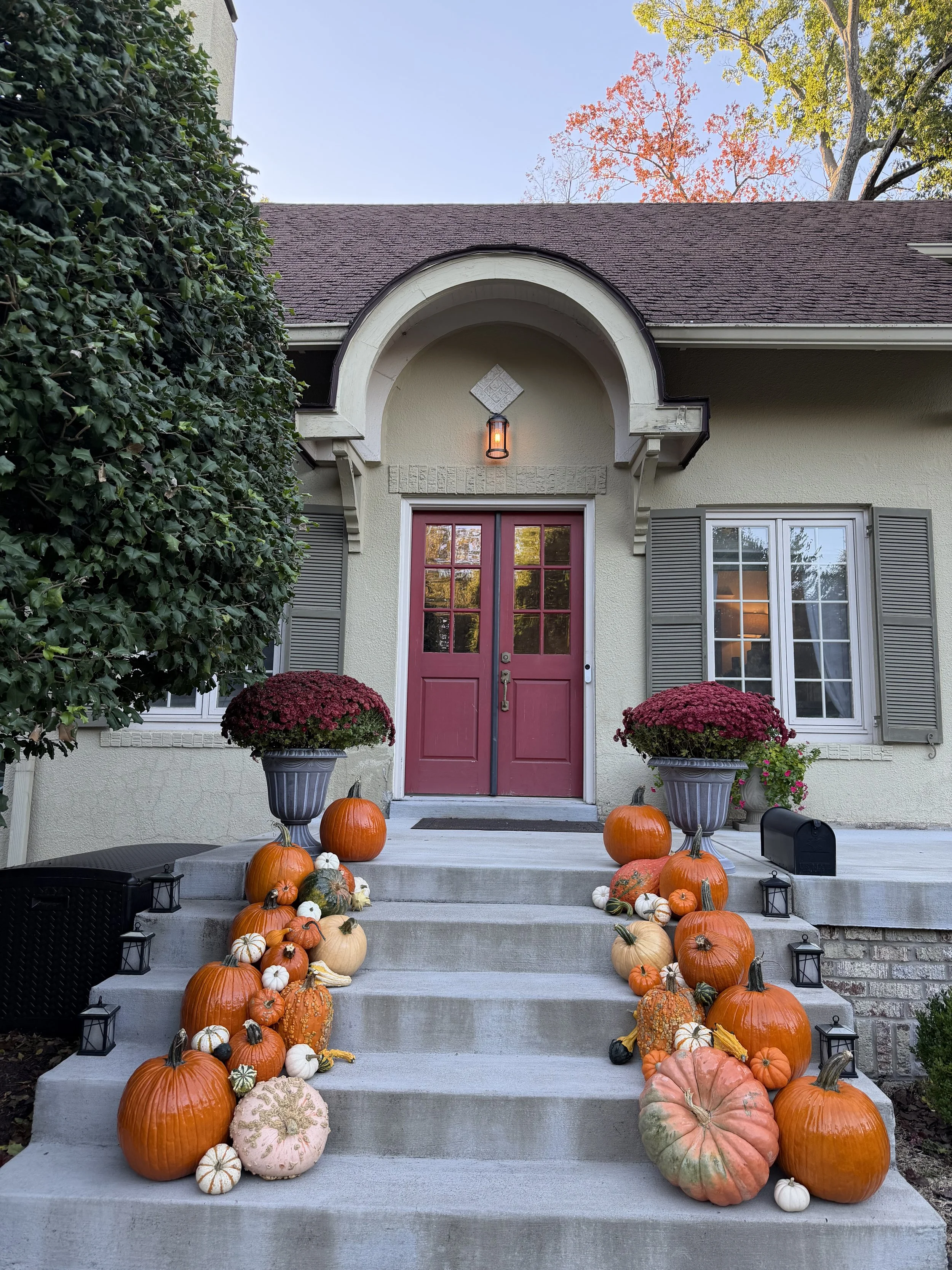 Front porch decorated for fall with multiple pumpkins and gourds of various sizes and colors on the stairs, flanked by two large planters with red chrysanthemums. The house has a red door with glass panes, gray shutters, a light above the door, and a