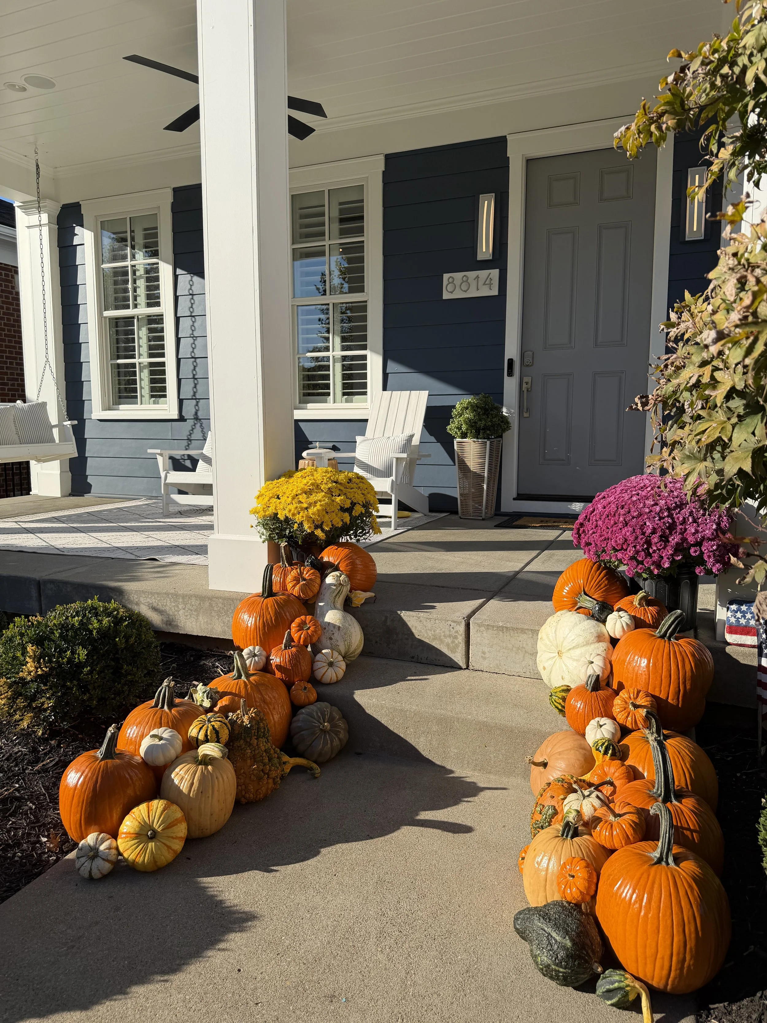 Fall porch decorating Louisville KY Front porch decorated with fall pumpkins, gourds, and flowers. A white porch swing and chairs are visible with a dark blue house in the background.