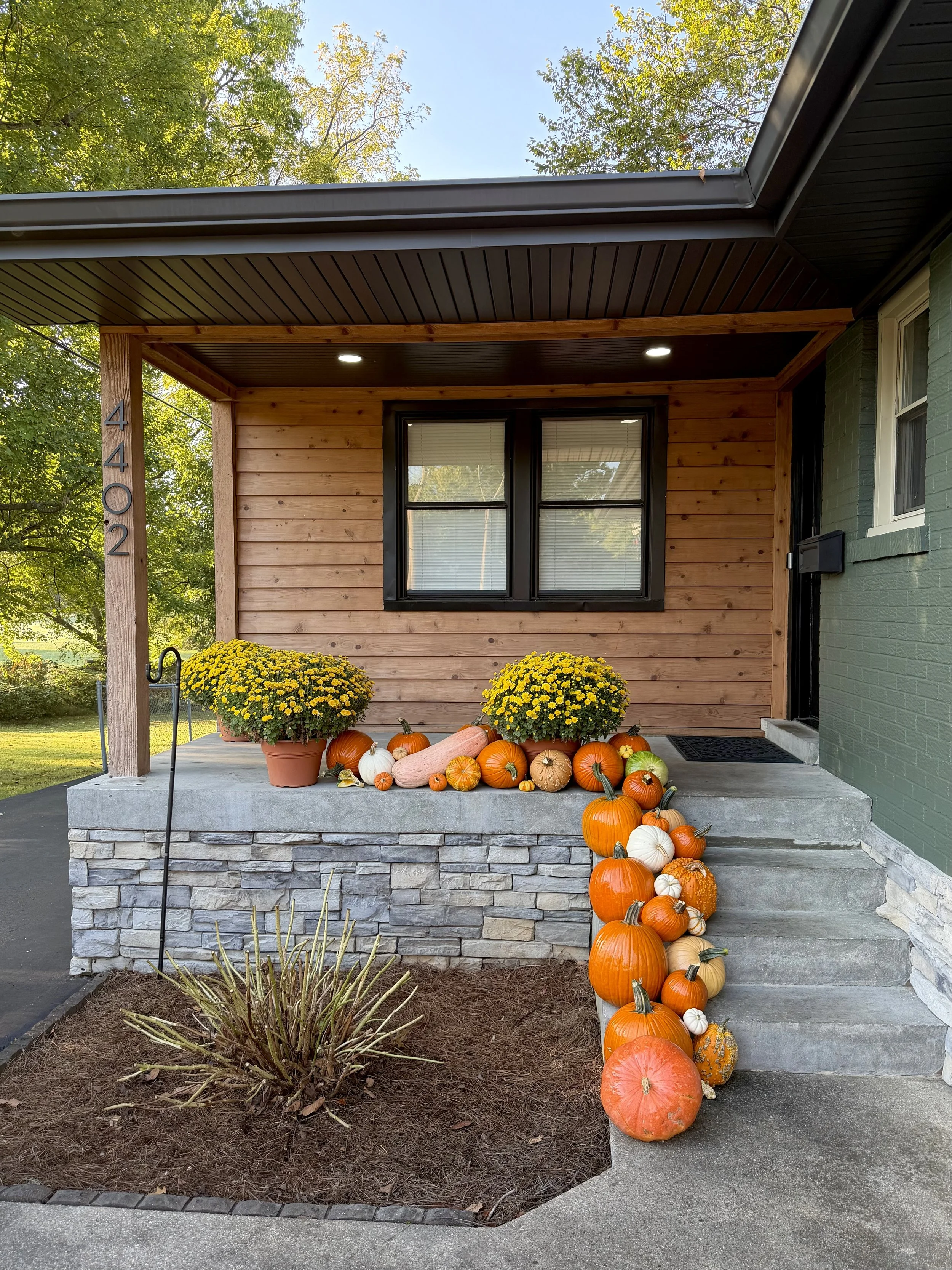Front porch of a house decorated with fall pumpkins, gourds, and potted chrysanthemums, with a tree and sky in the background.
