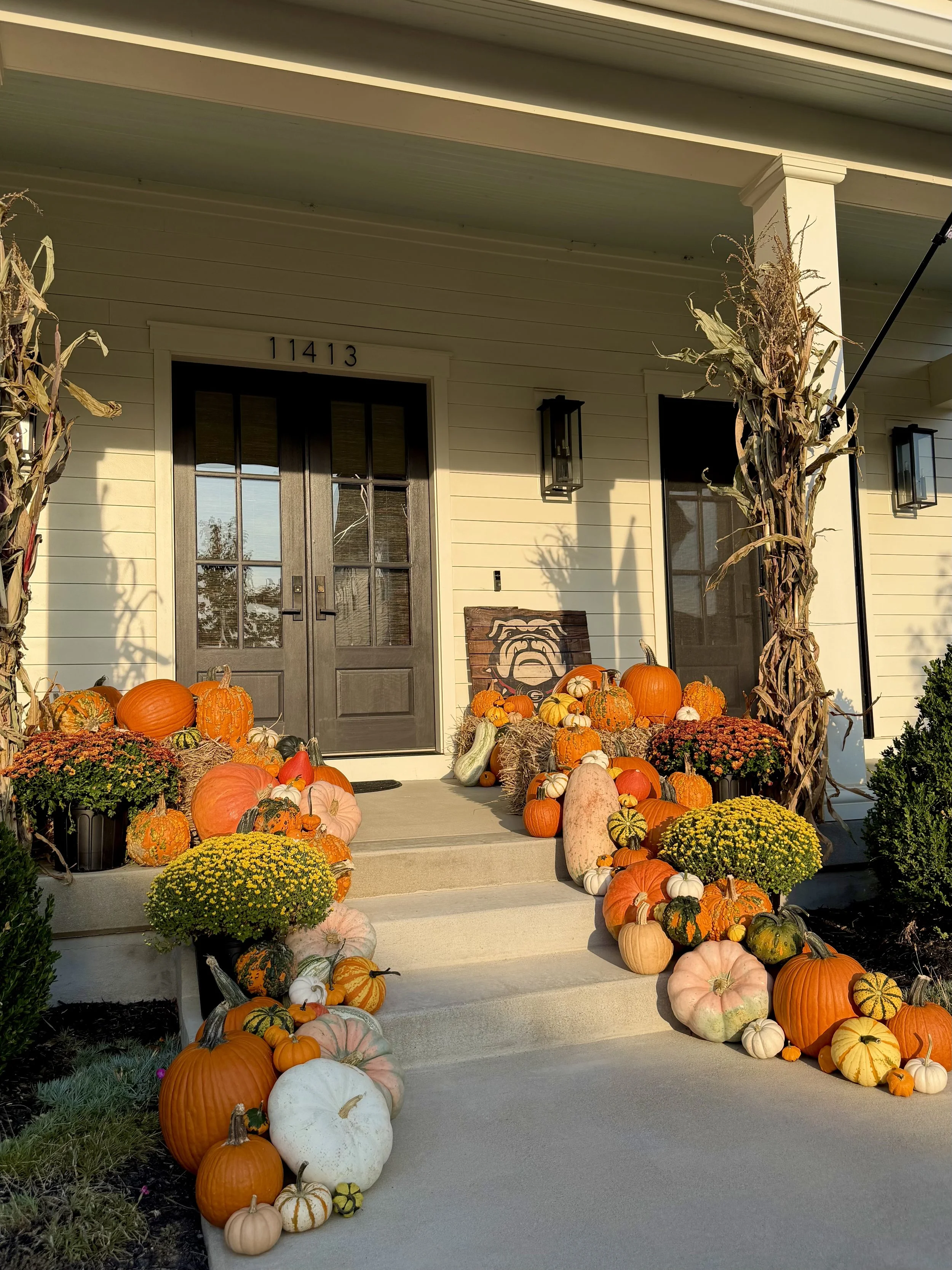 A front porch decorated with pumpkins, gourds, and fall flowers for autumn or Halloween. There are various sizes and colors of pumpkins and gourds arranged along the steps and on the ground. Dried corn stalks flank the sides of the porch, and a decor