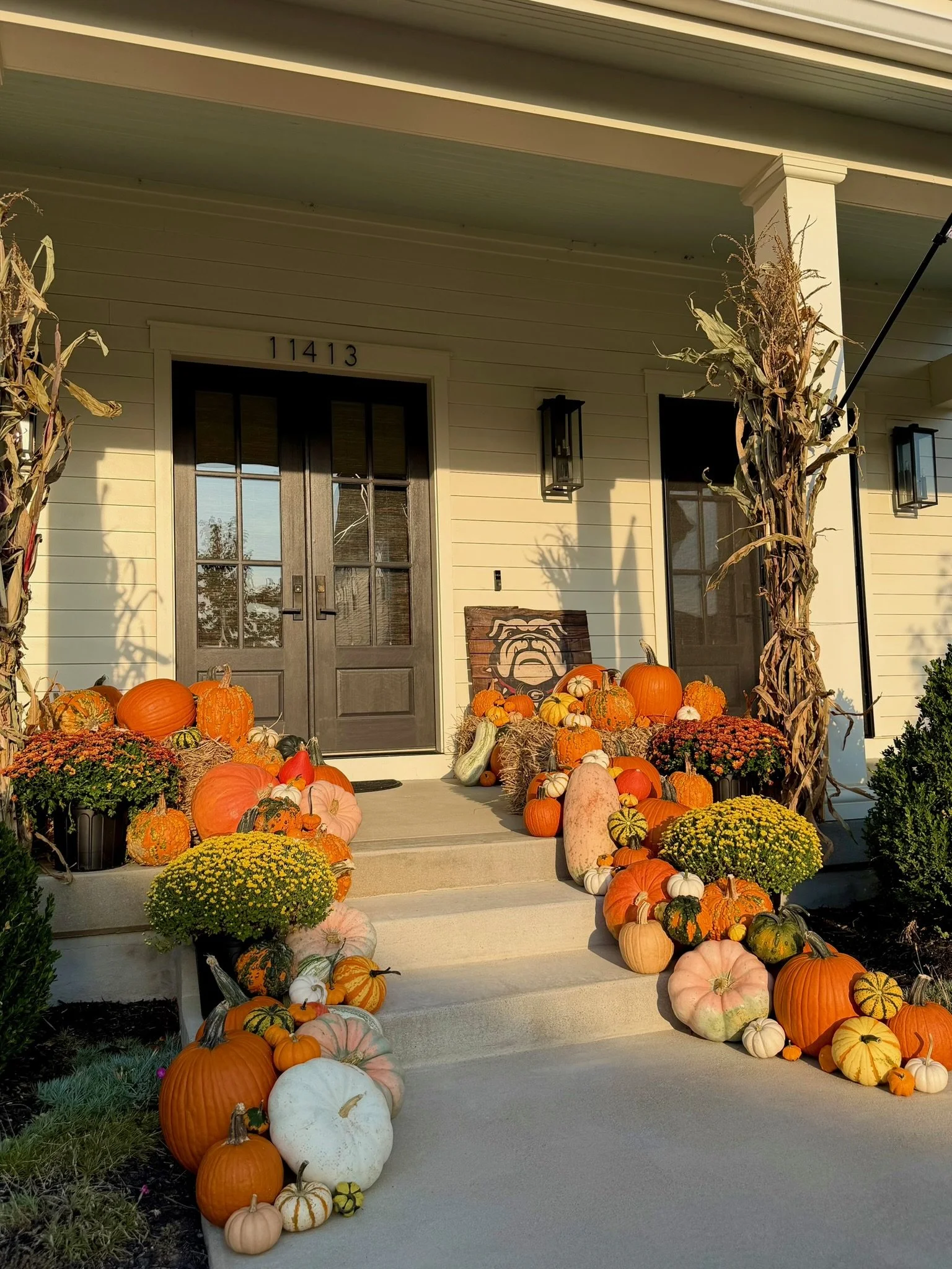 Front porch of a house decorated for fall with a variety of pumpkins, gourds, and chrysanthemums arranged along the steps and on the porch.
