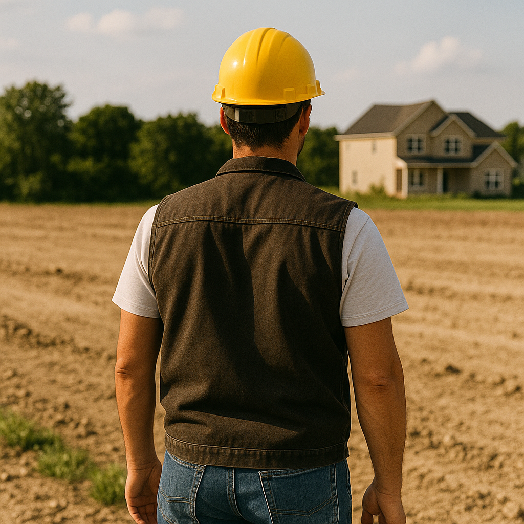 Person wearing a yellow construction helmet and a black vest stands in an open field with a house in the background.