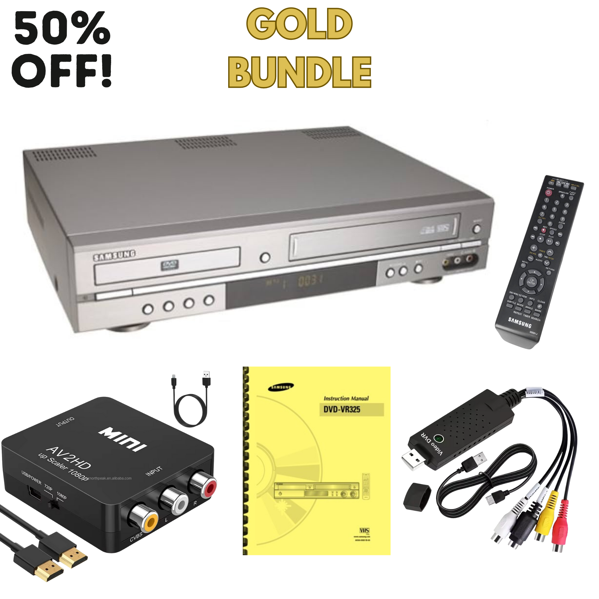 VCR DVD Combo Player – Gold Bundle (Plays VHS & Converts to Digital) – 2 Year Warranty