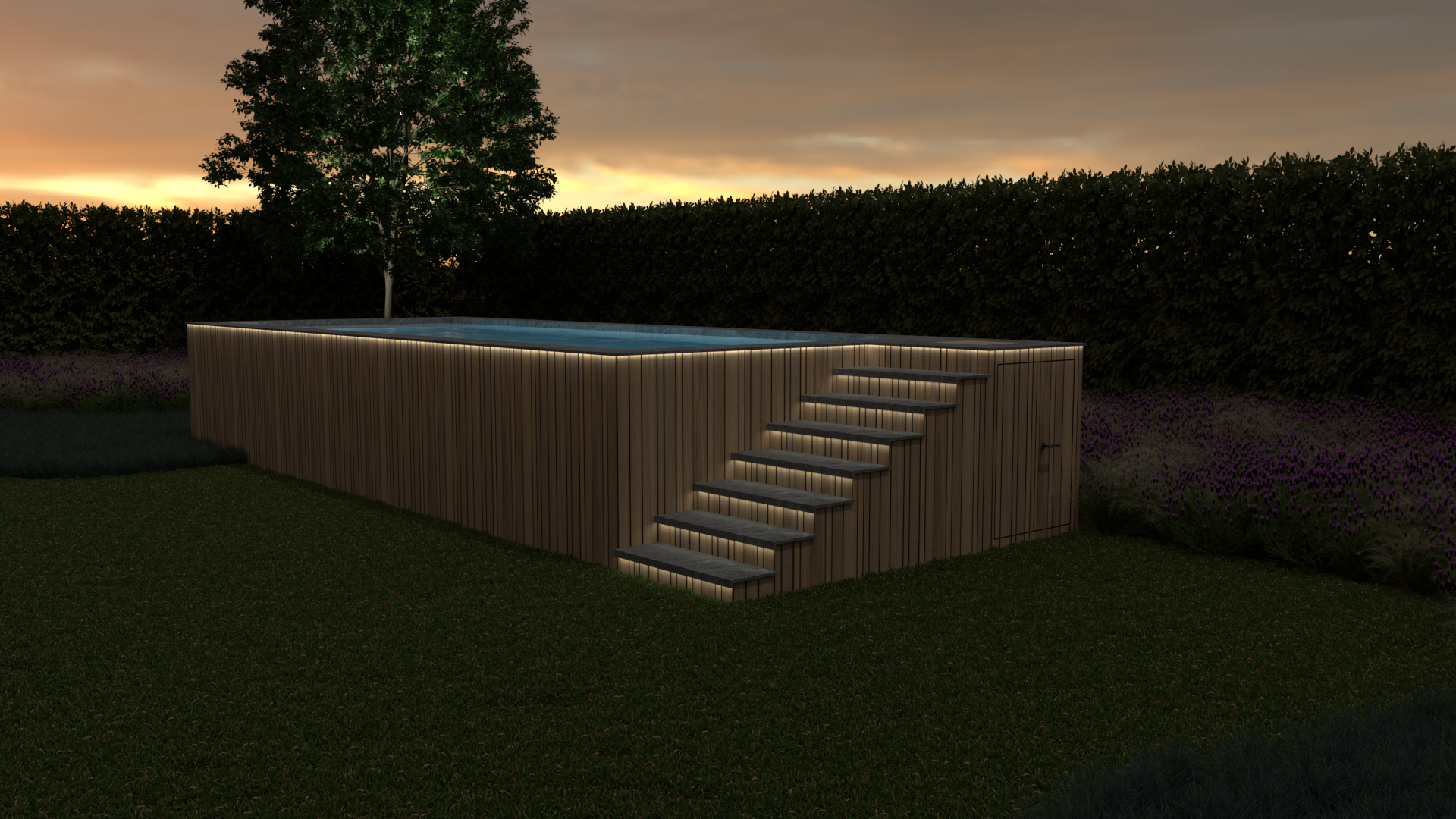Een modern bovengronds zwembad met verlichte trappen en houten bekleding, omringd door een grasveld en een landschap met bomen en een haag bij zonsondergang.