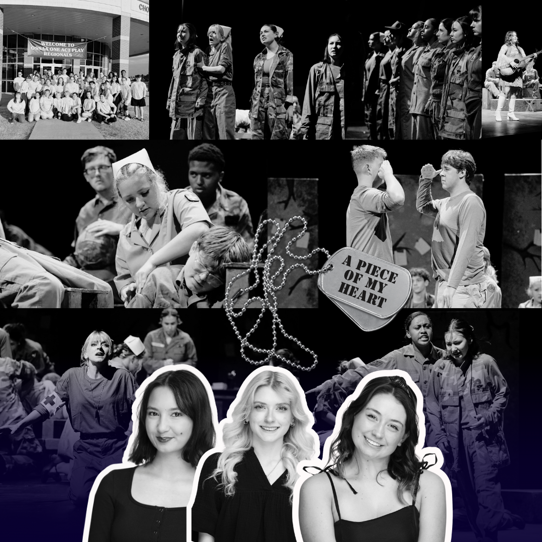 Collage of black and white photos from a theatrical performance involving young actors, military costumes, and emotional scenes, with three women in color photos at the bottom.