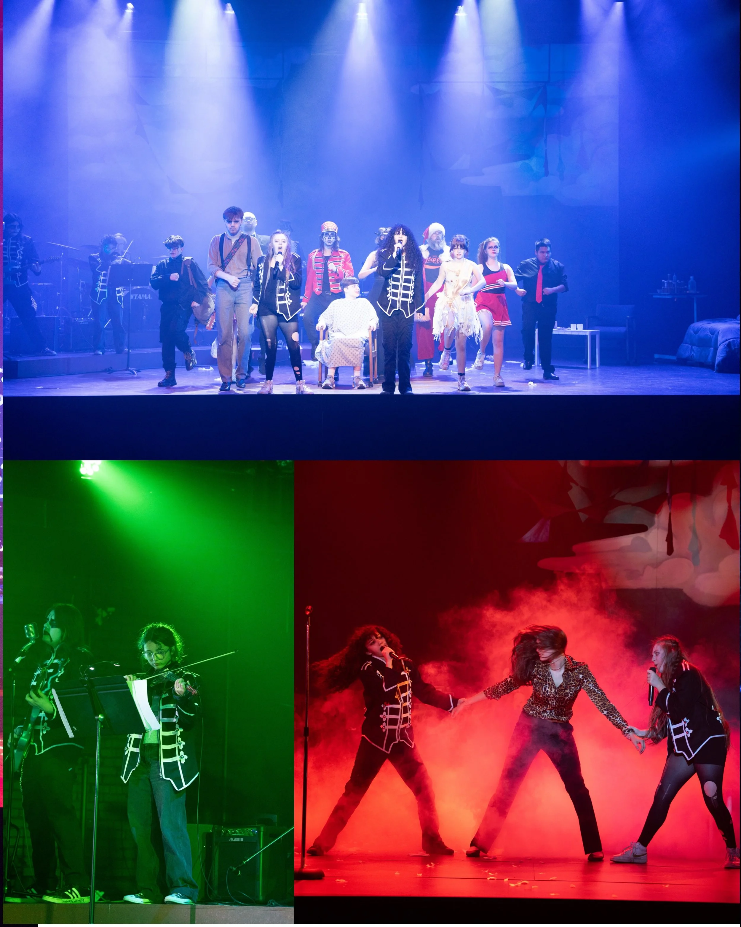 Three scenes from a theatrical performance featuring a diverse group of performers. The top scene shows a large cast with some in vintage costumes on a stage under bright purple lighting. The bottom-left scene depicts musicians illuminated by green light, with two women playing violins. The bottom-right scene shows three women in dynamic poses, holding hands, surrounded by red smoke and dramatic lighting.