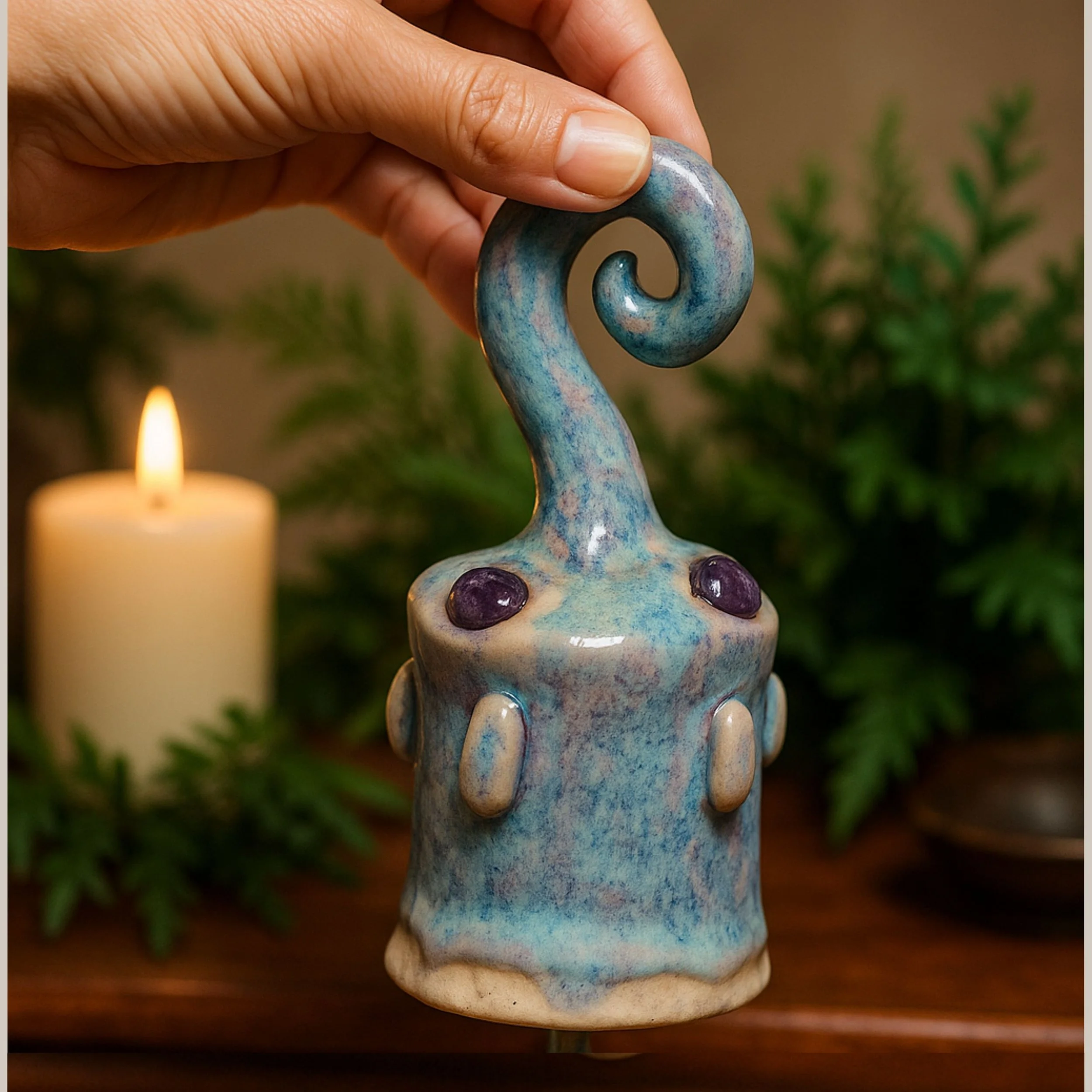 Spiral of Clarity Handbuilt Ceramic Ritual Bell with Amethyst