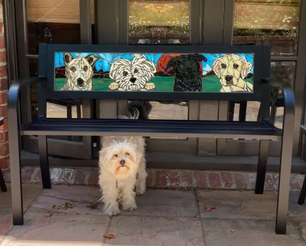 Neighbors Mosaic Dog Bench (with model).webp