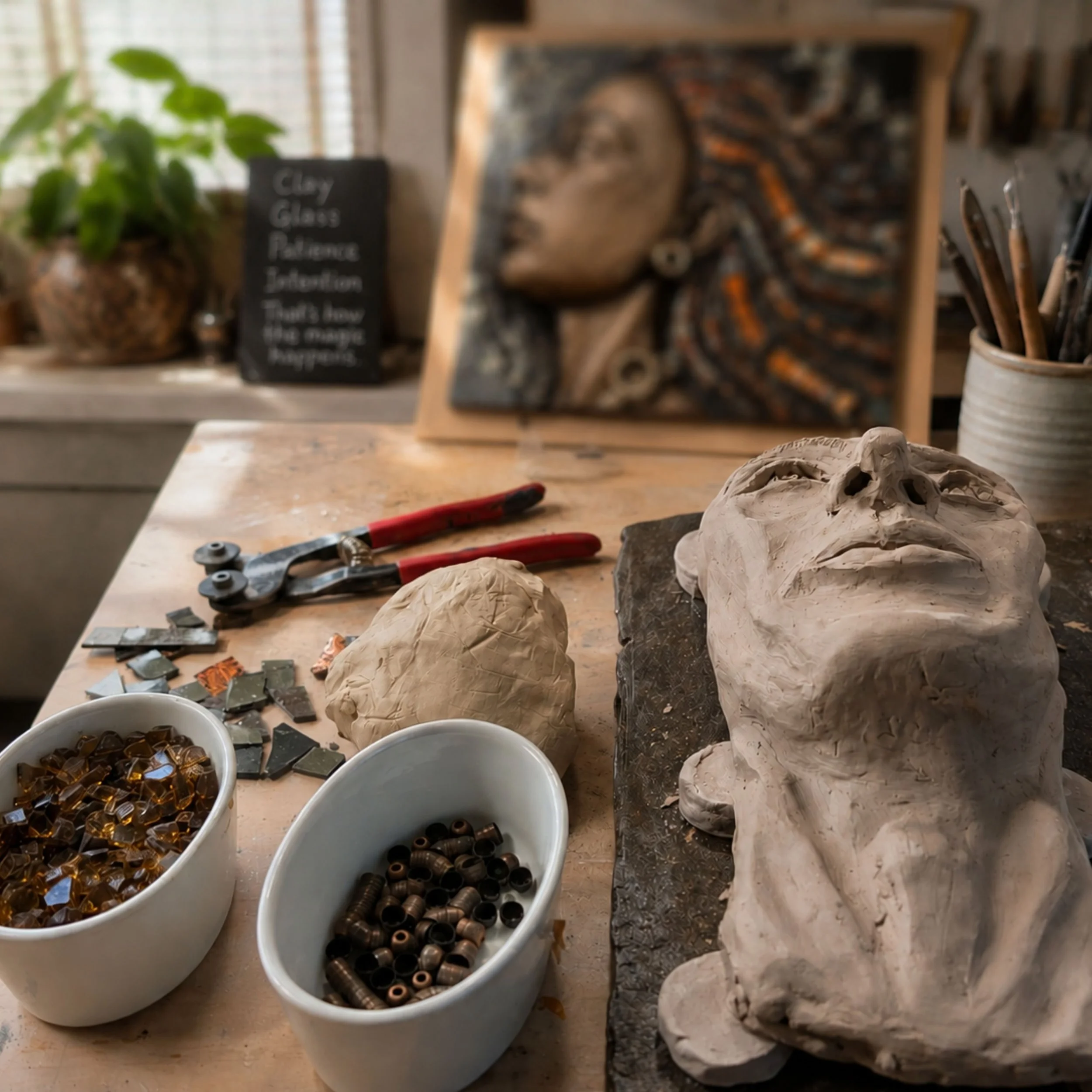 Ceramic face sculpture in progress in Alicia Taylor Low’s studio with mosaic materials and a completed Celestial Face in the background.
