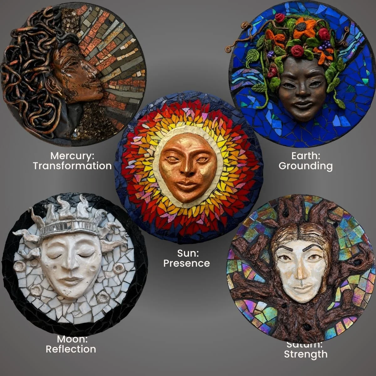 Celestial Faces mixed-media ceramic and stained glass mosaic sculptures exploring Sun, Moon, Mercury, Earth and Saturn.