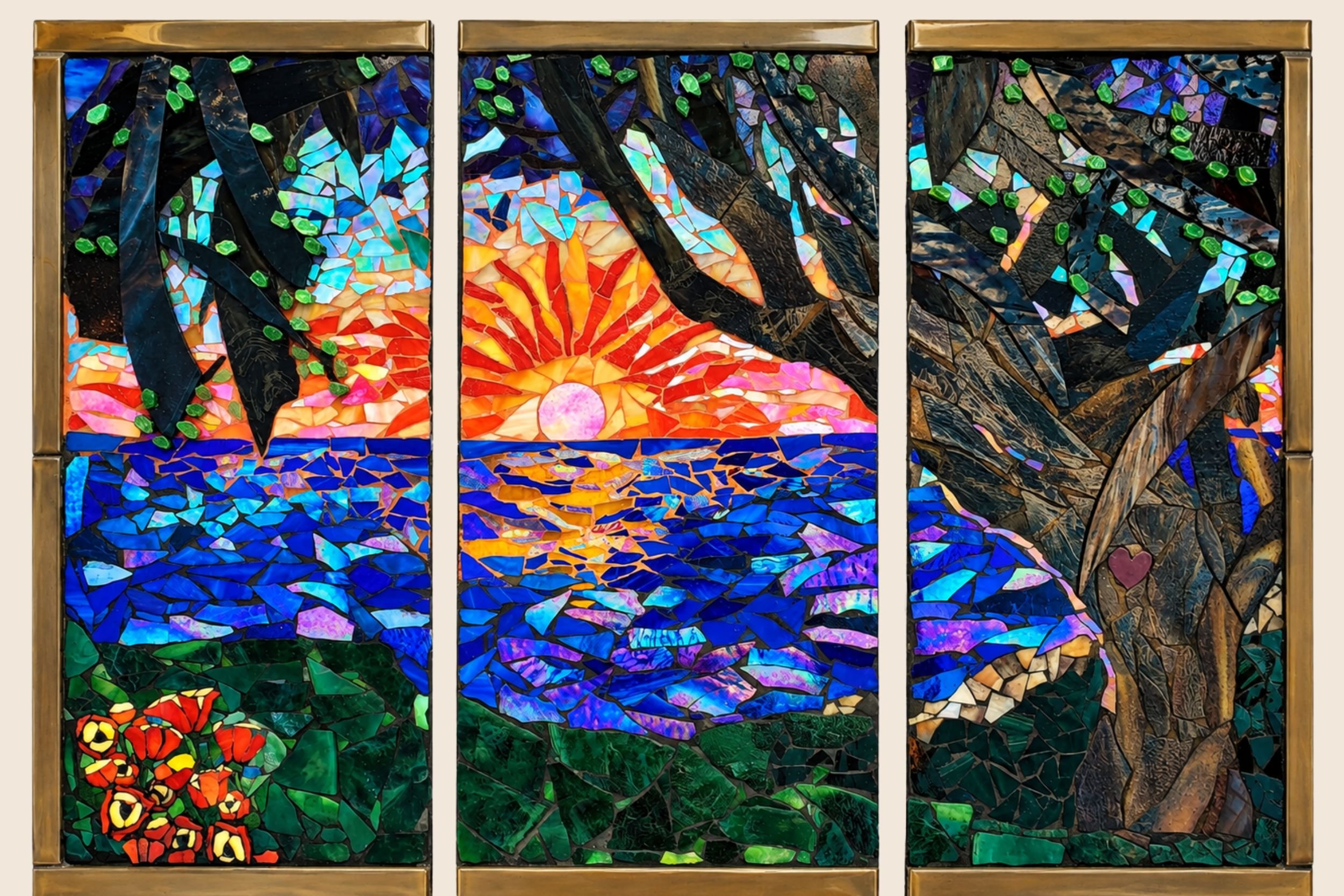 Left Coast Sunset — Three-panel mosaic created for Left Coast Yoga studio in Oakland, California.