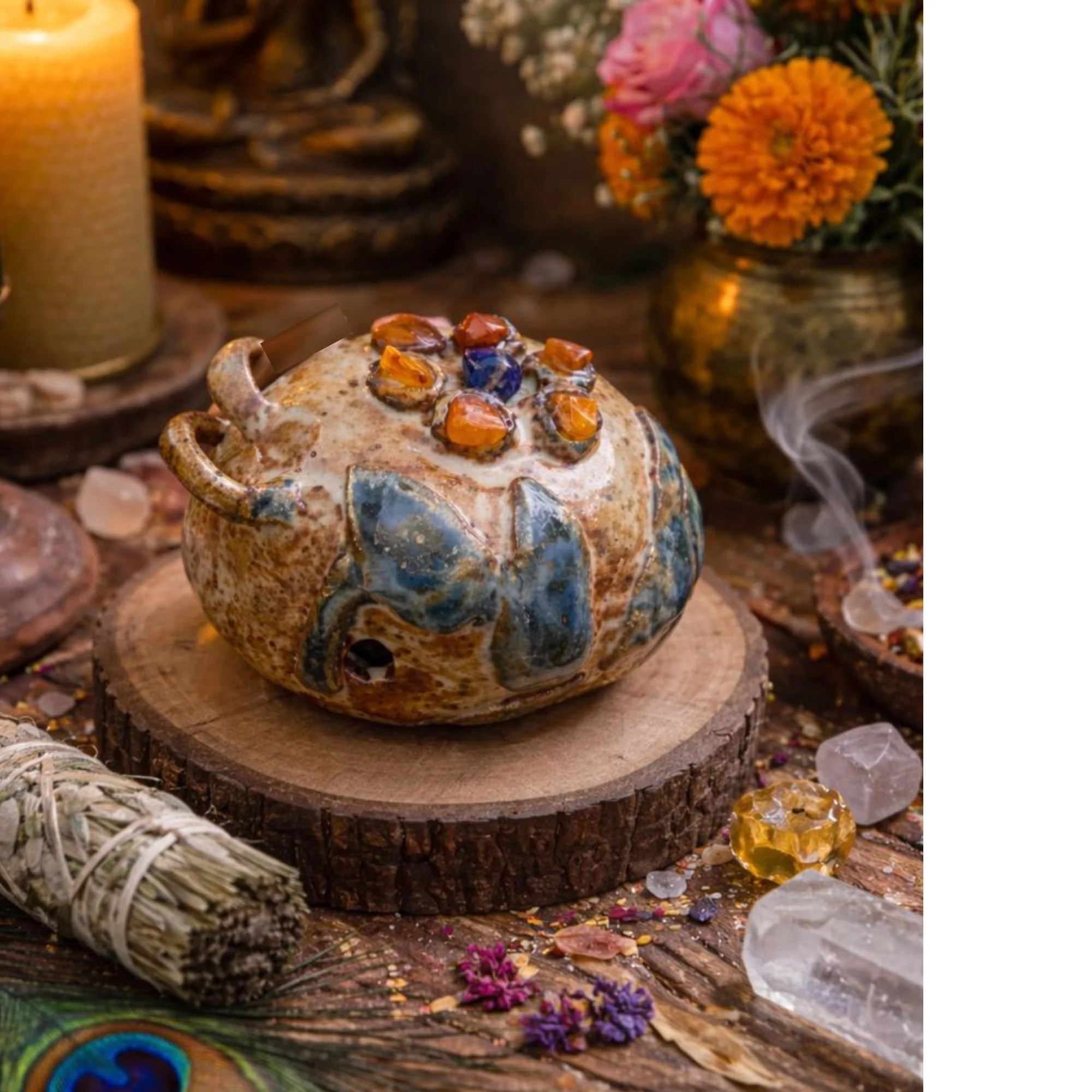 Handmade Ceramic Ritual Rattle with Gemstones – Sacred Sound Tool for Meditation, Cleansing & Intention