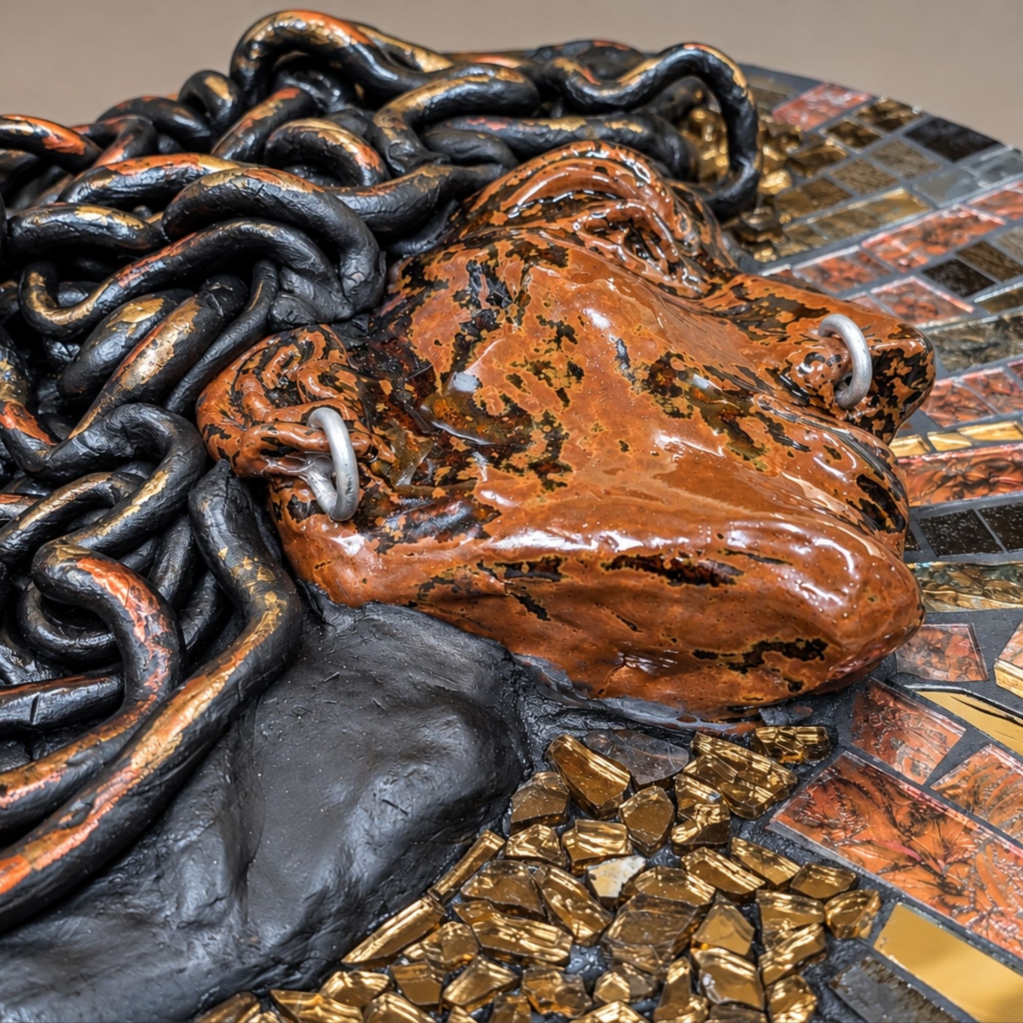 Mercury (Transformation), detail of face, rings, and coiled hair
