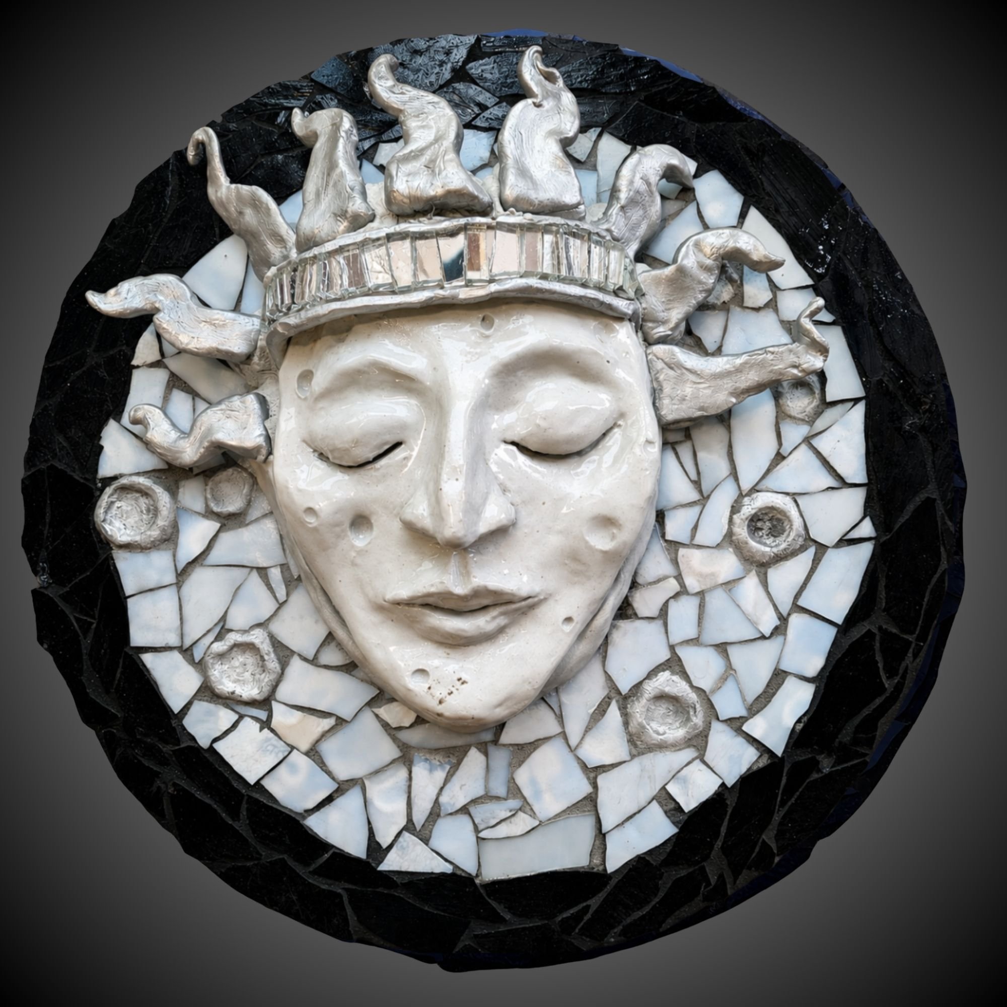 Moon (Reflection), ceramic face with stained-glass mosaic