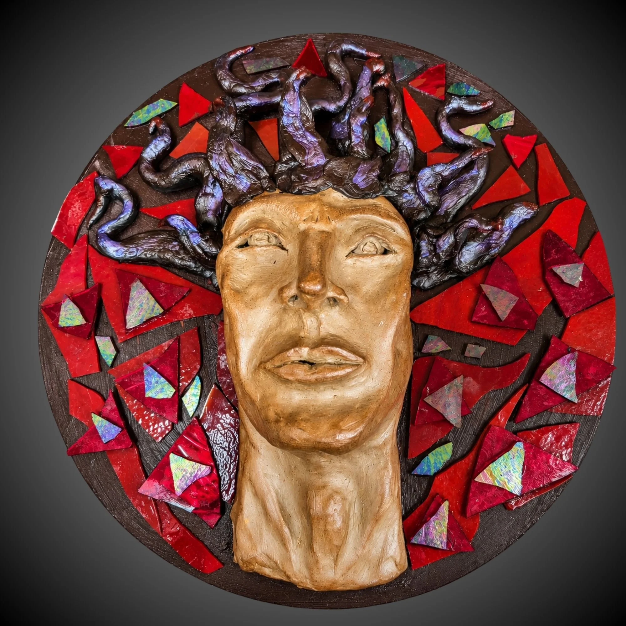 Mars (Will), ceramic face with stained-glass mosaic

