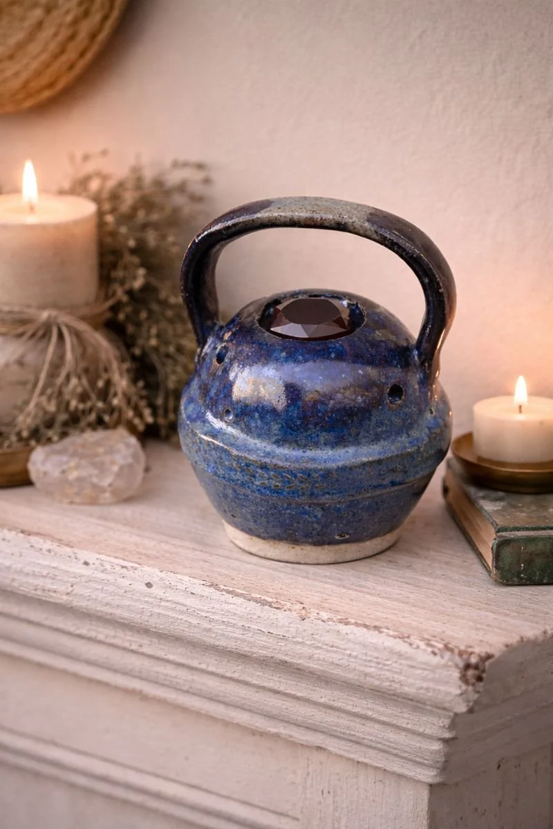 Deep Current — Handbuilt Ceramic Ritual Rattle with Carnelian