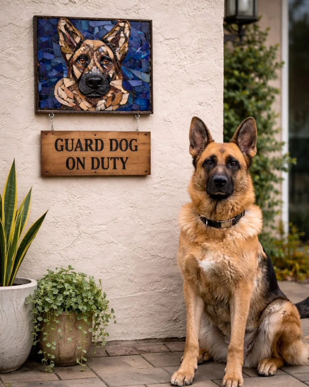 Custom mosaic pet portrait of a German Shepherd displayed outdoors on a home wall