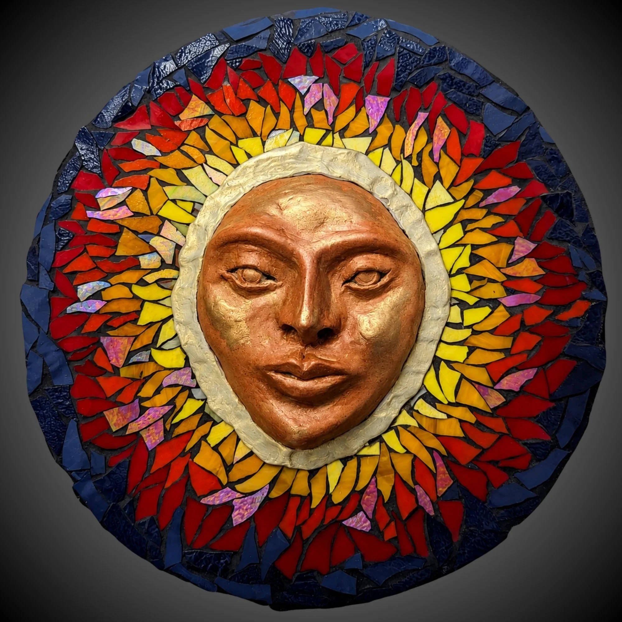 Sun (Presence), ceramic face with stained-glass mosaic