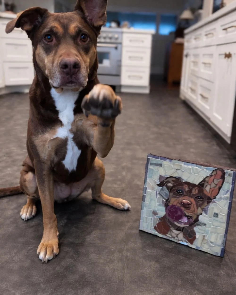 Custom mosaic pet portrait on the floor next to a dog giving paw in a home setting