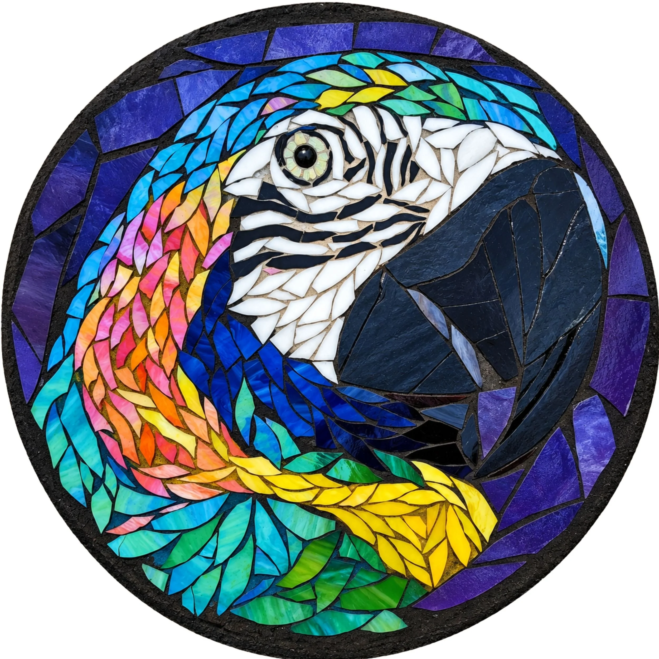 Blue and Gold Macaw portrait stone, 12" diam.