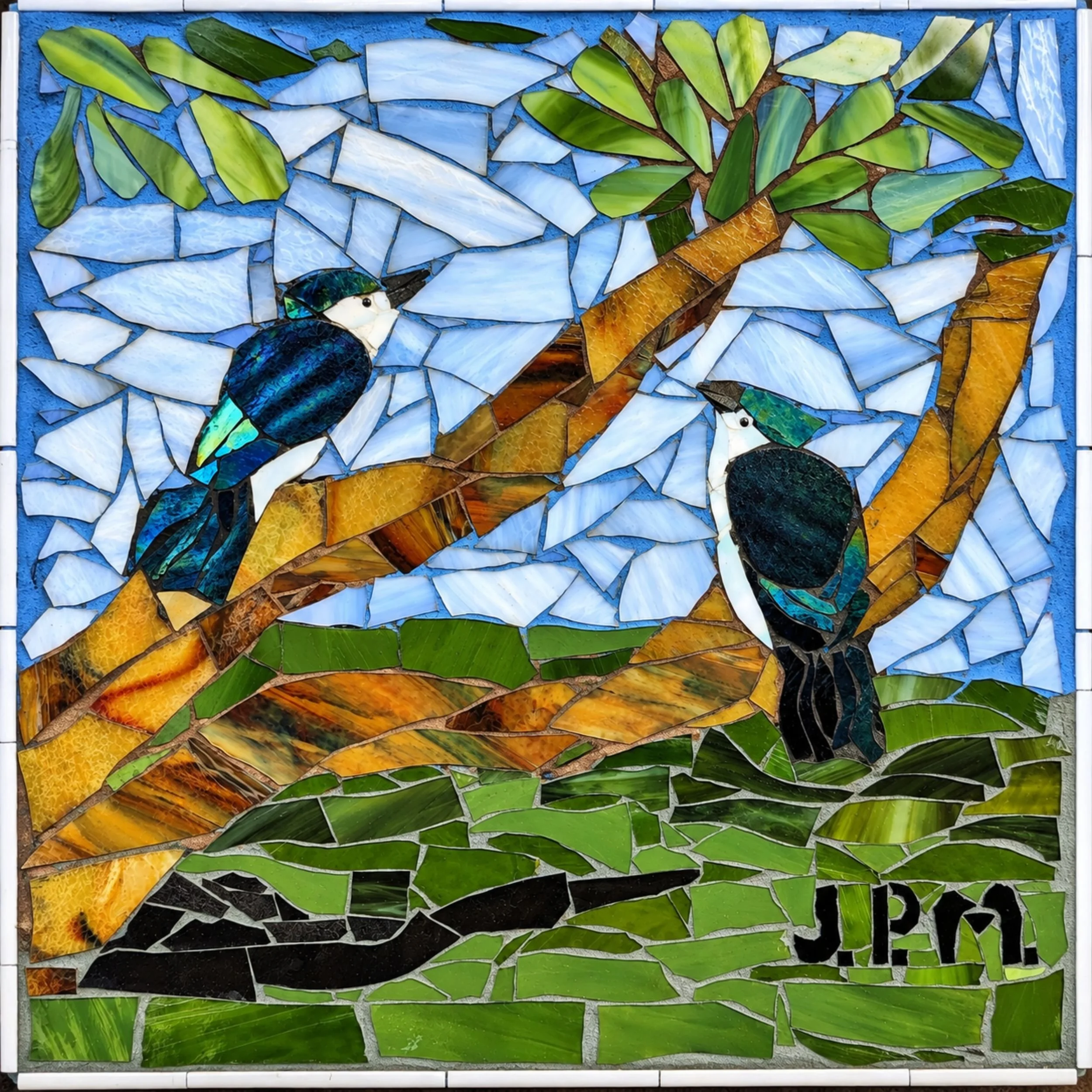 Bluebirds, Memorial piece for client's child 16 x 16"