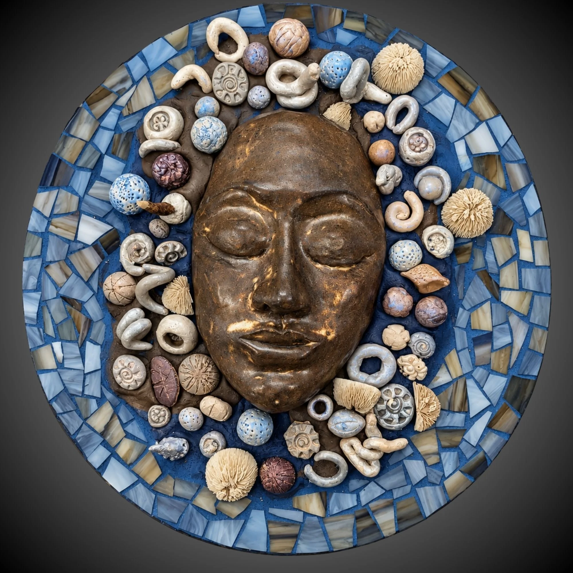 Neptune (Depth), ceramic face with stained-glass mosaic