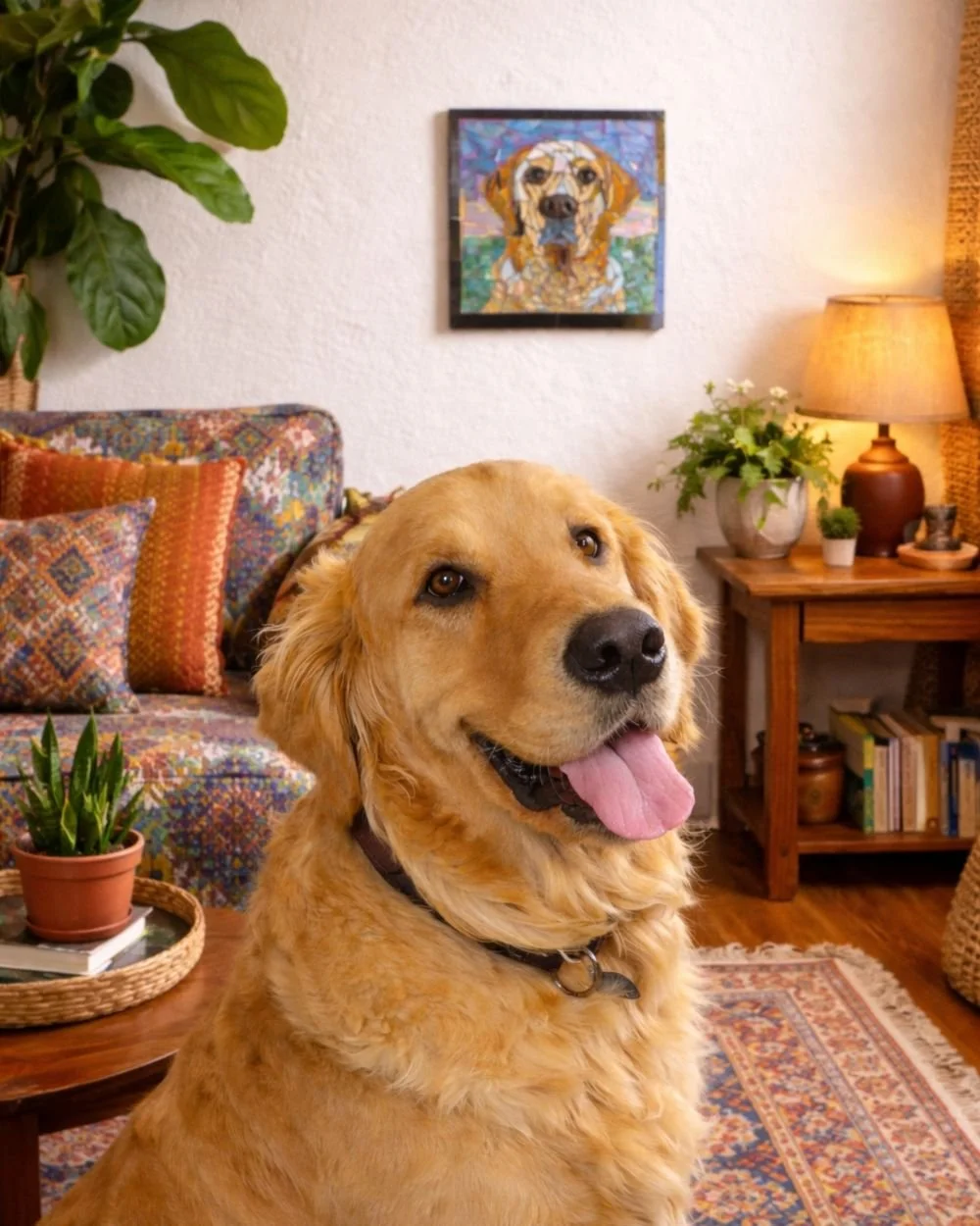 Custom mosaic pet portrait of a Golden Retriever hanging in a living room with the dog nearby
