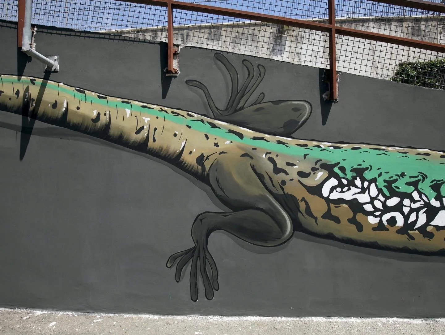 Muro decorato con un murale di una lucertola stilizzata, vista di un'arto e parte del corpo, con dettagli in verde, beige e nero