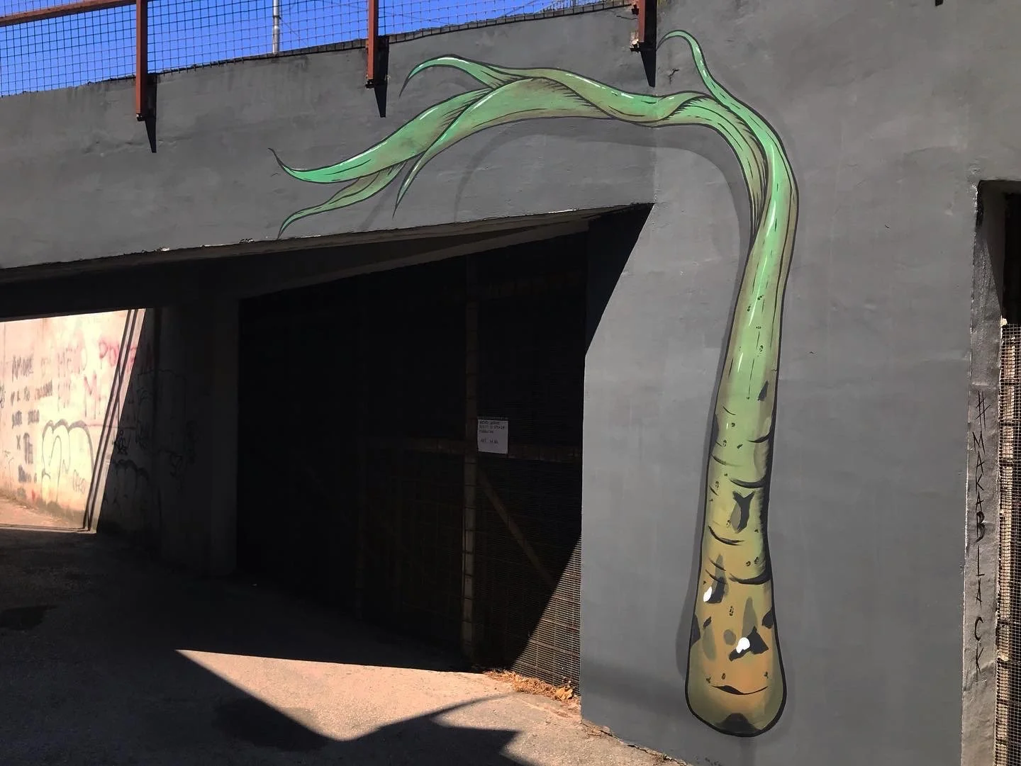 Una parete con un murale di una fetta di sedano stilizzato dipinta con sfumature di verde e giallo.