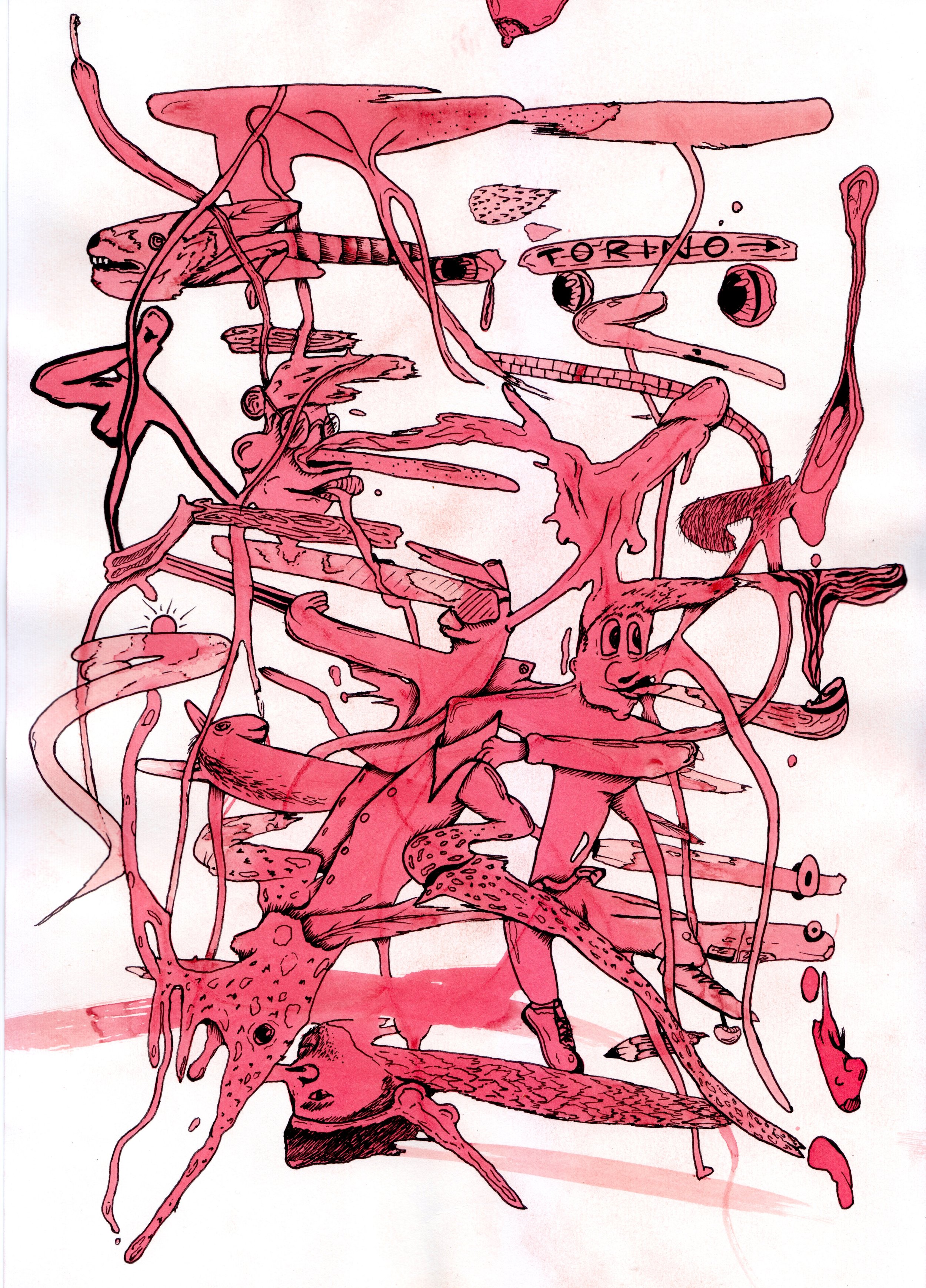 Disegno astratto con figure umane e animali stilizzati, colori rosa e nero, con elementi come un cane, un gatto, e un segno con la scritta 'Tokyo'.