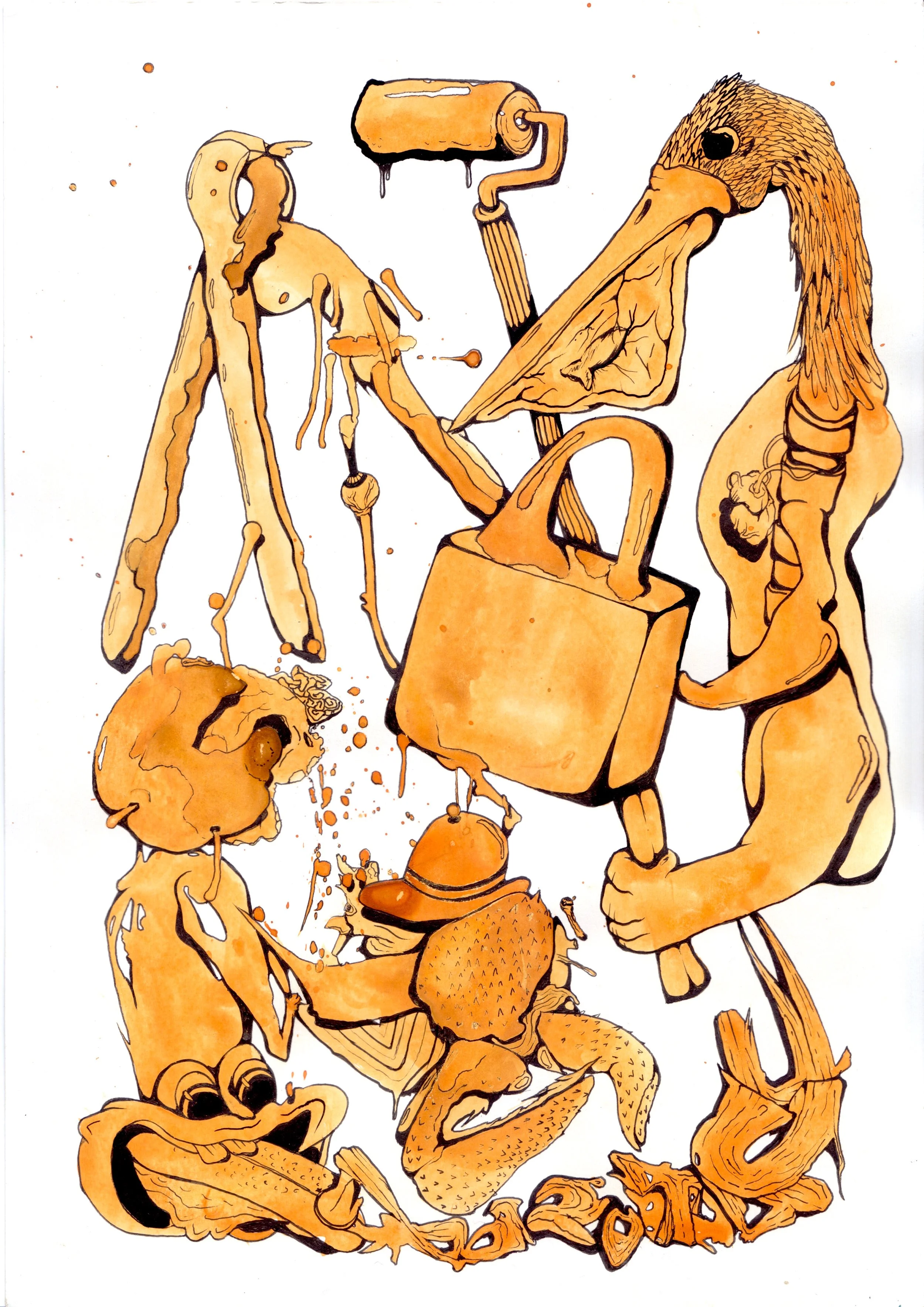 Illustrazione di un insieme di figure di animali in stile cartoon, raffiguranti un camaleonte, uno scoiattolo, un coniglio e altri animali, disegnate con linee nere e colori marroni e arancioni.