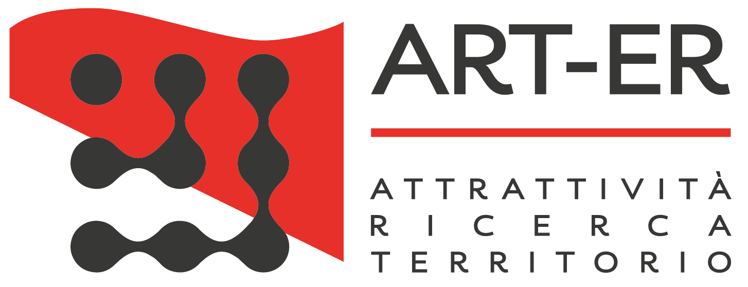 Logo di ARTER con simbolo stilizzato di punti e linee nere su sfondo rosso, e testo 'ARTER Attrattività Ricerca Territorio' in nero con linea rossa