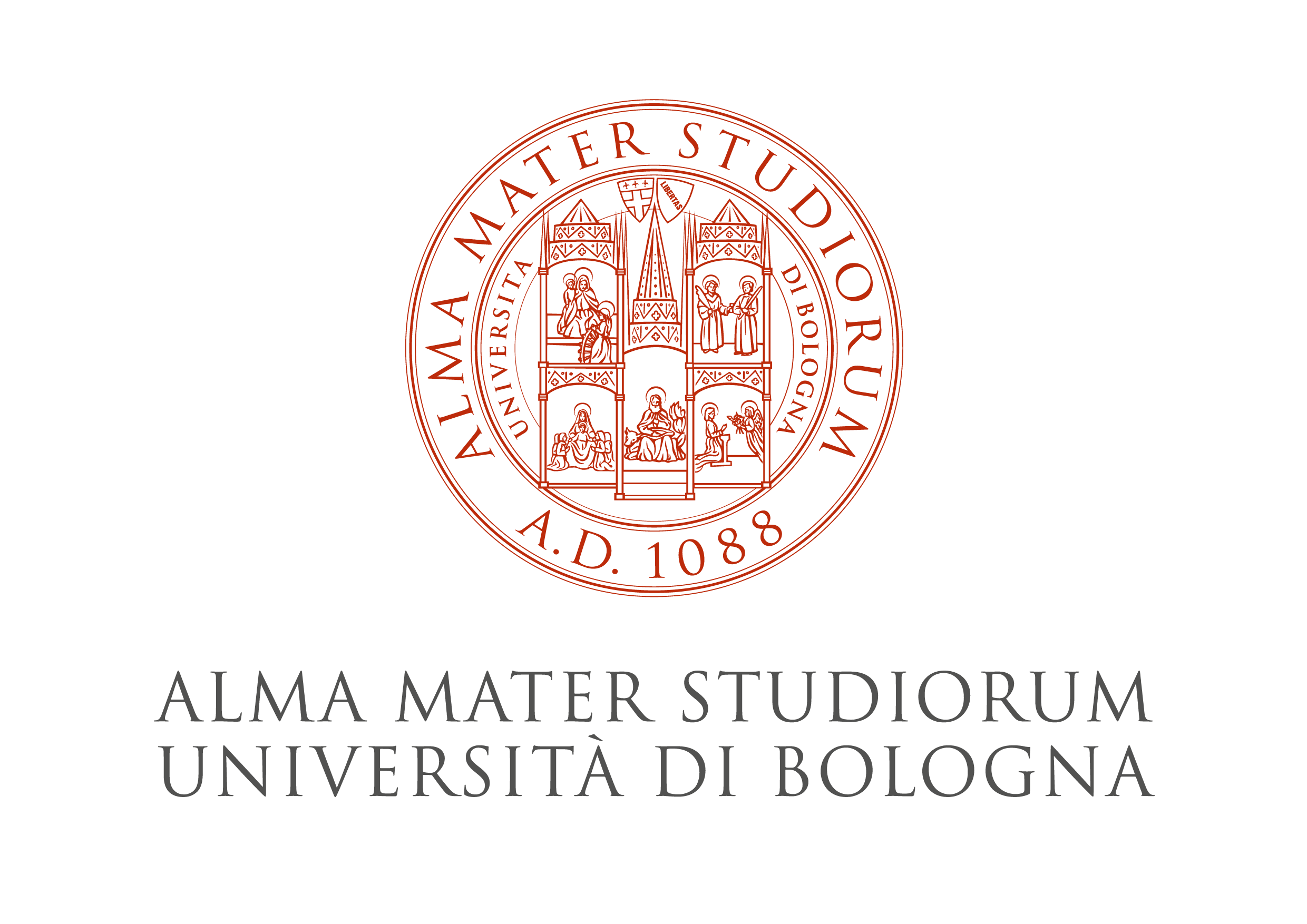 Logo semplice dell'Università di Bologna, con un'illustrazione stilizzata di edifici e persone in tessuto rosso su sfondo nero.