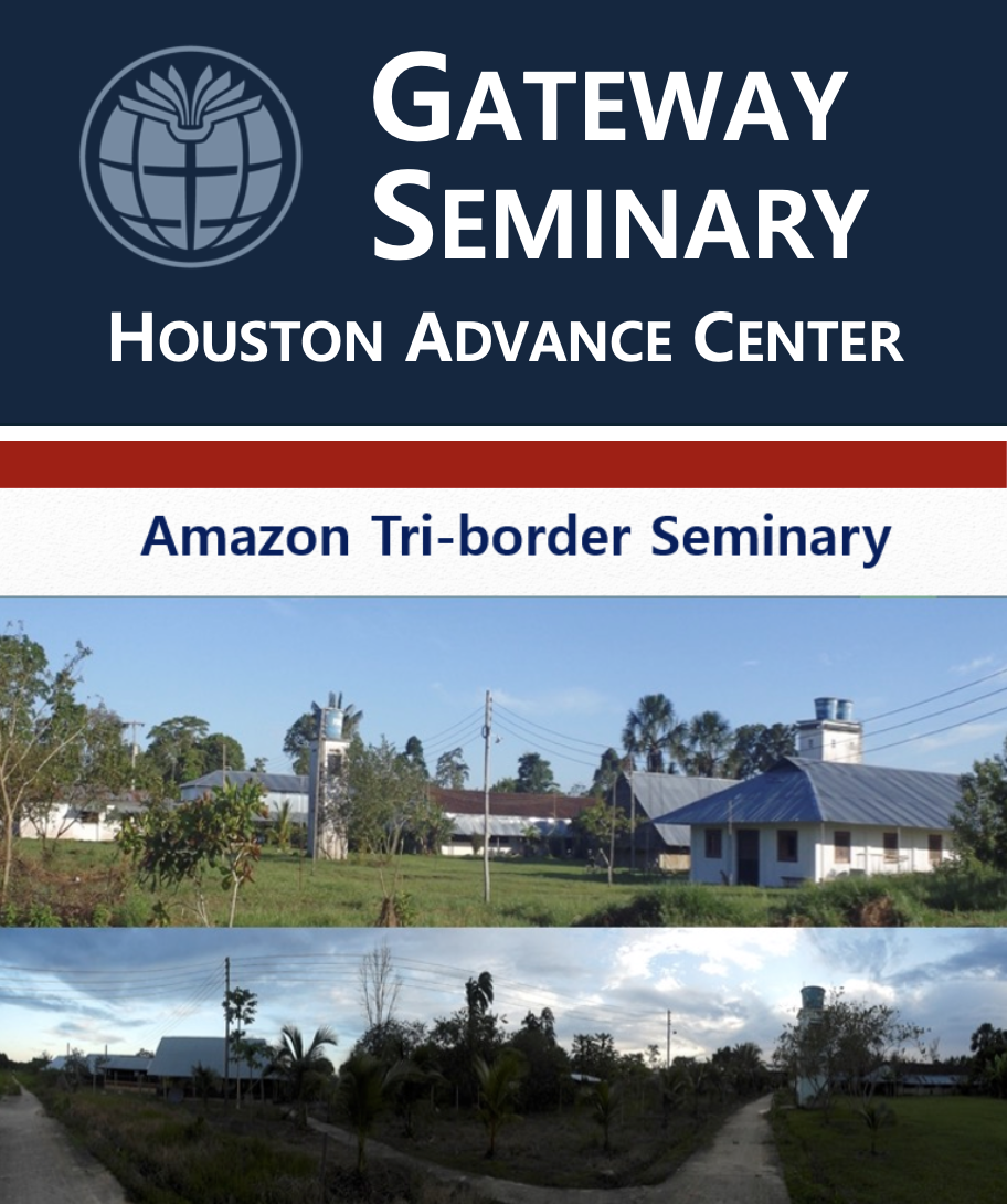 Sign for Gateway Seminary at Houston Advance Center, featuring two photos of the campus with trees, buildings, dirt roads, and utility poles under partly cloudy skies.