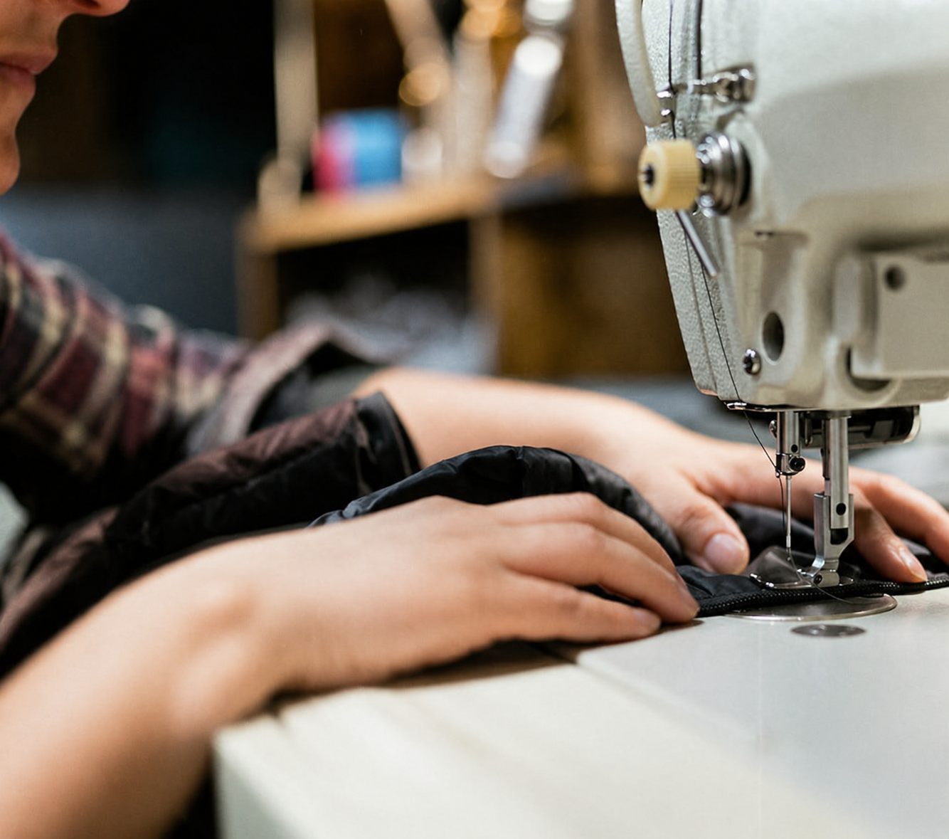 Person operating a sewing machine, stitching black fabric.