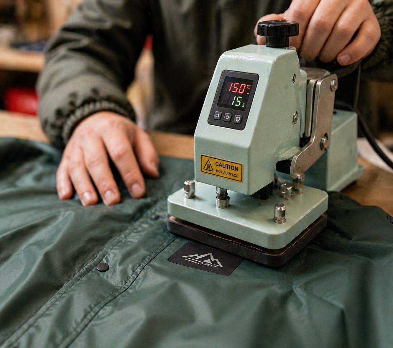 A heat sealing machine pressing onto a green waterproof fabric with a mountain logo, in a workshop setting.