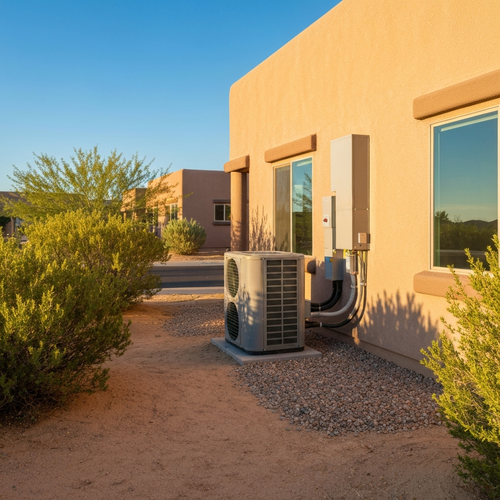 white heat pump and gas furnace beside house
