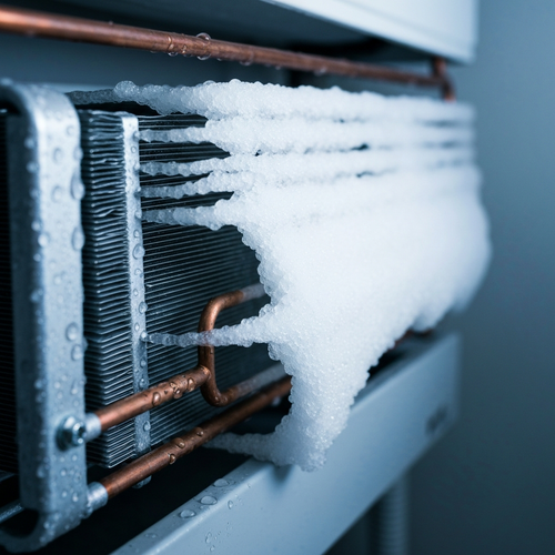 frosty air conditioner evaporator coil in summer
