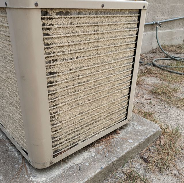 fur-coated HVAC air filter with mineral dust buildup
