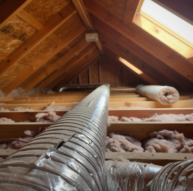 Leaking supply duct joint in residential attic insulation
