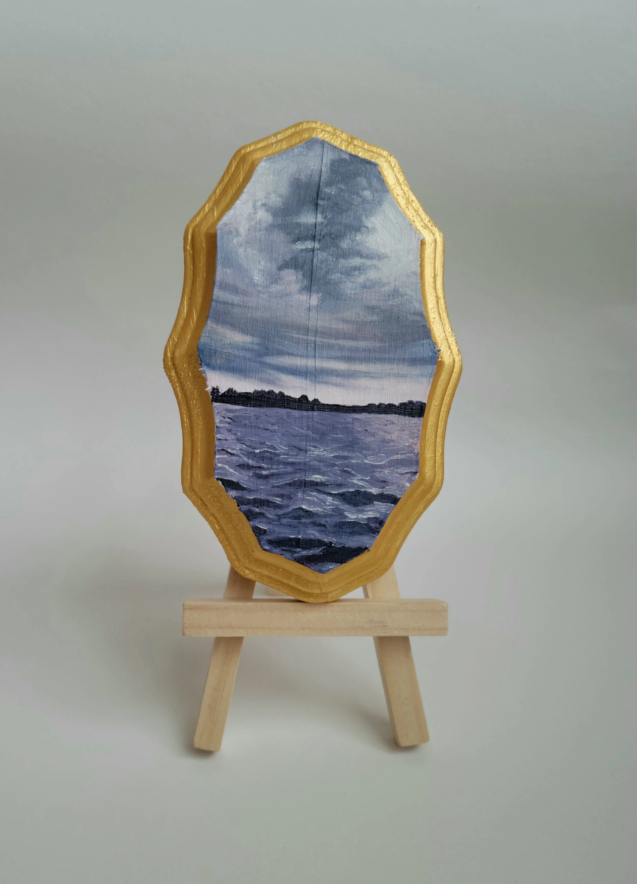 

Oil on Wood

This small landscape study was derived from a series of photos taken on my trip to a lake house in Maryland, the summer after graduating high school. I wanted to capture not only the beauty of the sunrise on the lake, but also the reju