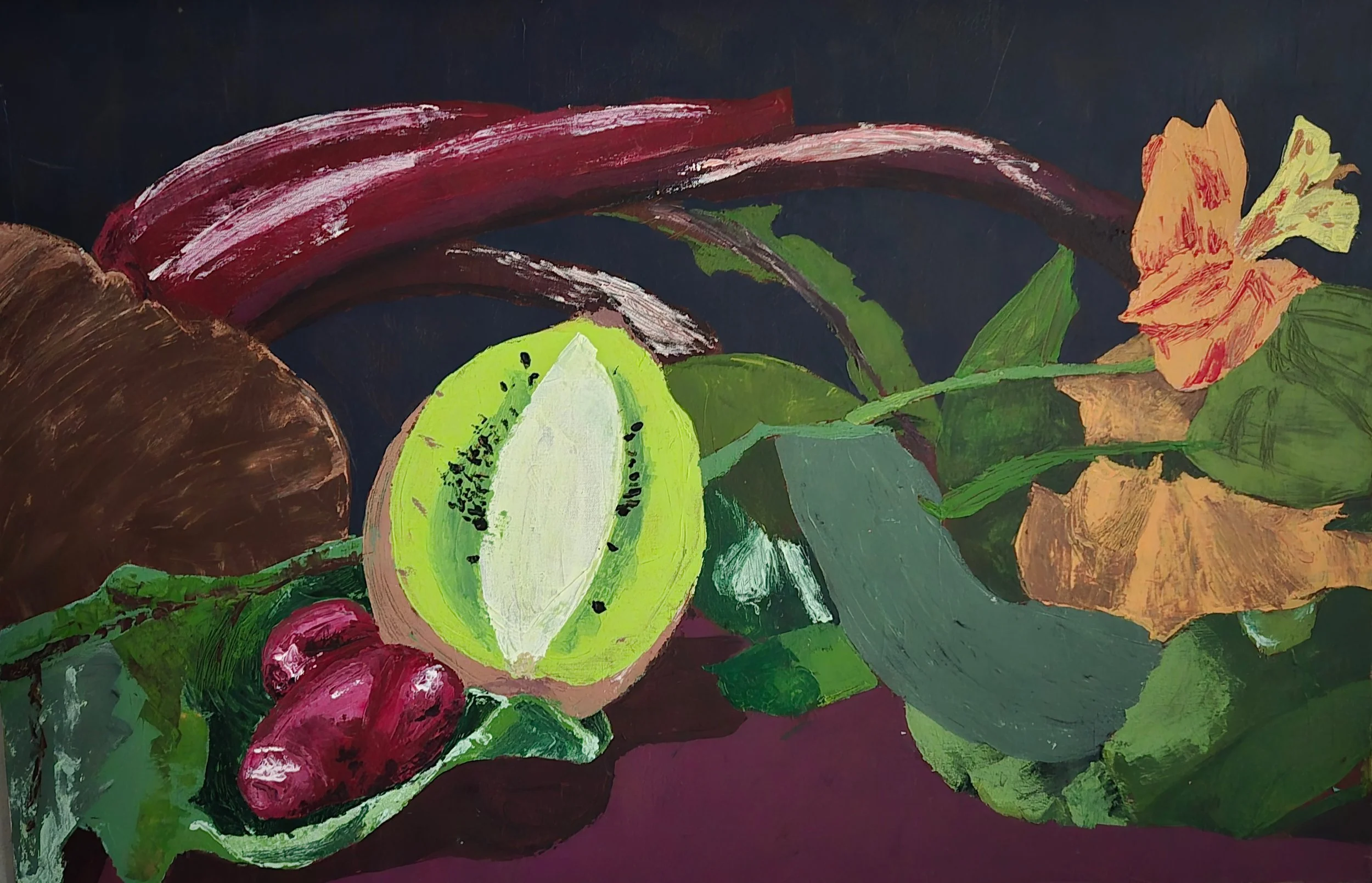 "Fruit and Veg"

Acrylic on Stretched Canvas.

Done with only a pallet knife, this depiction of fruits and vegetables allowed me the space to loosen up my mark making and play with complementary color theory. 